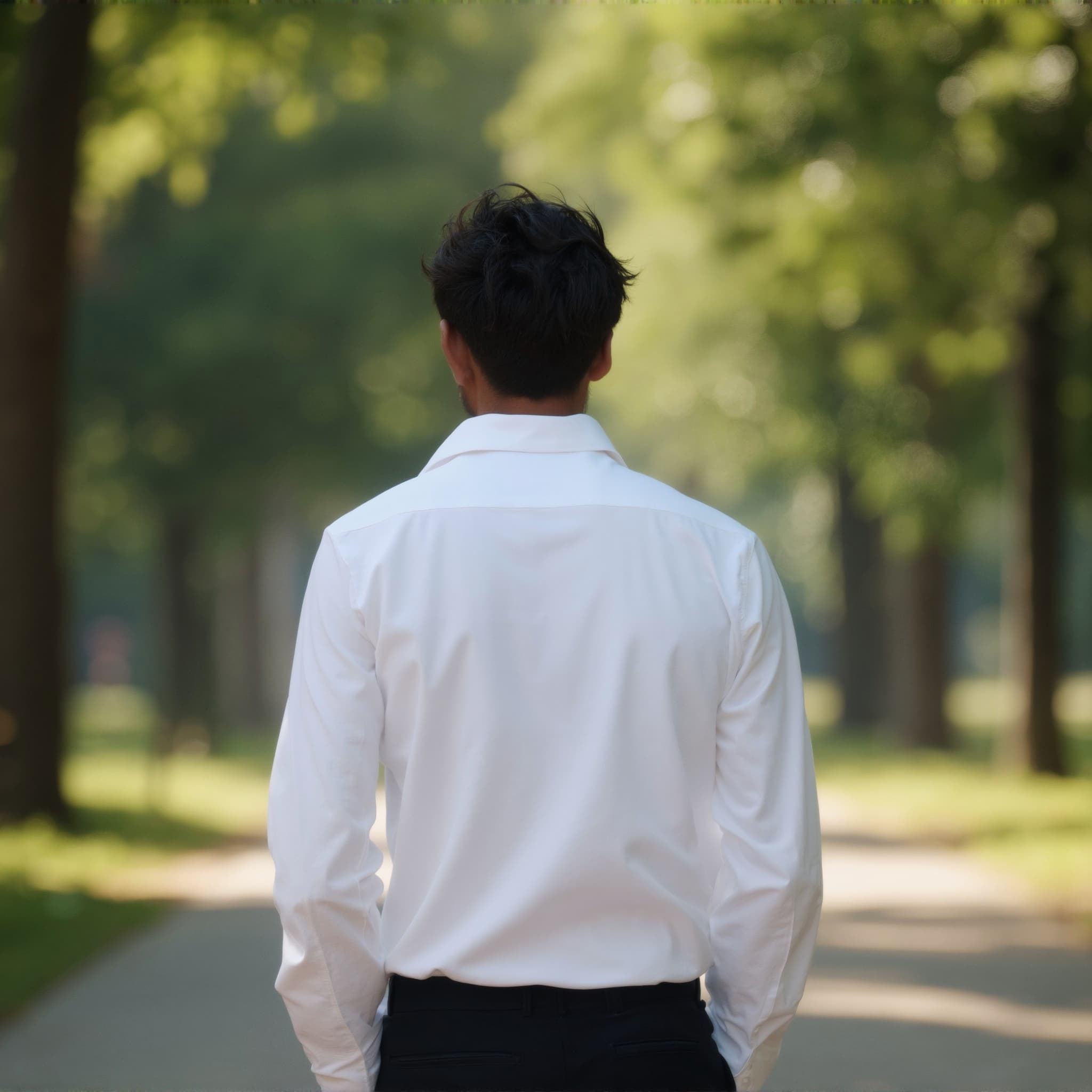 Back-View long sleeve polo mockup a man walks with short hair in a pair 1
