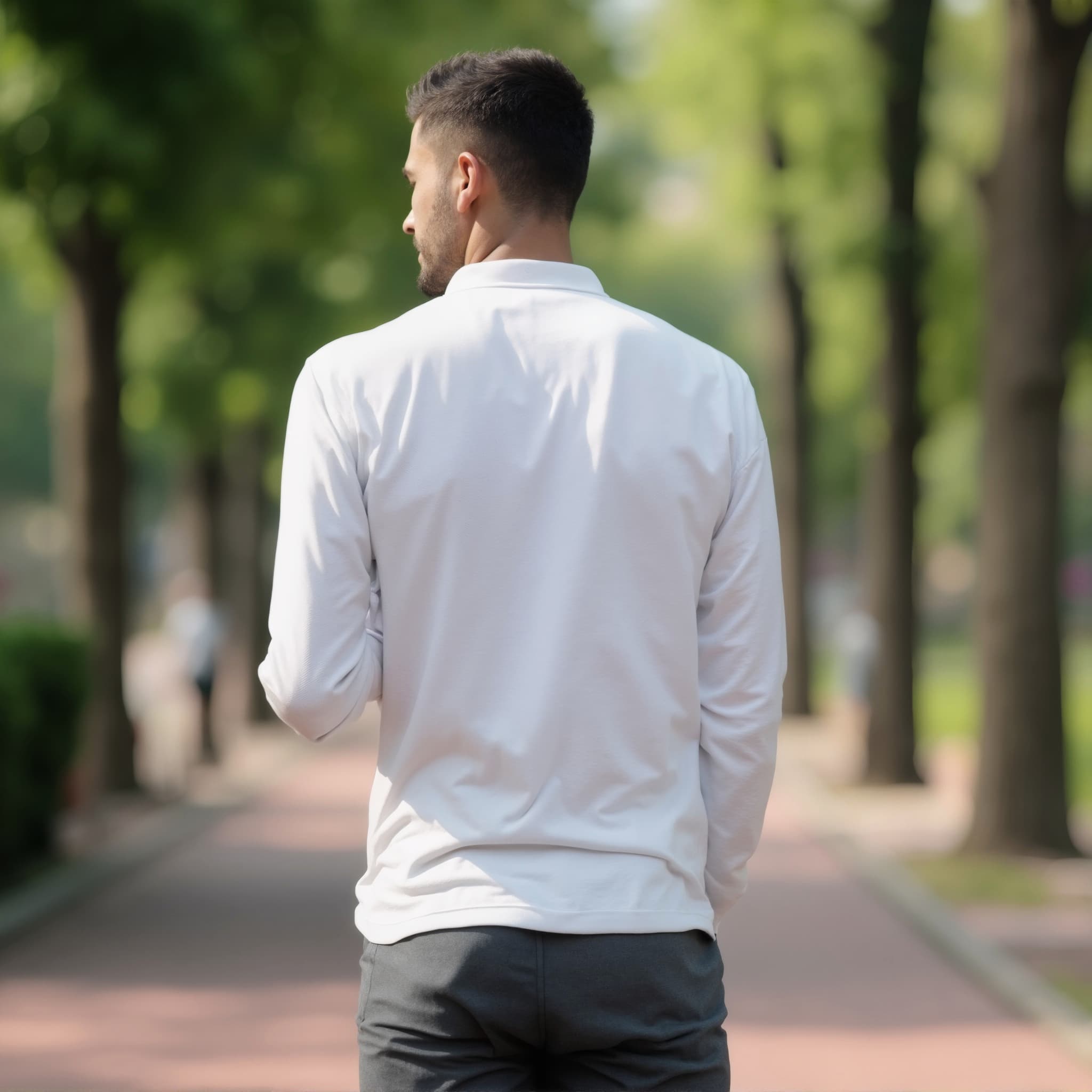 Back-View long sleeve polo mockup a man walks with short hair in a park