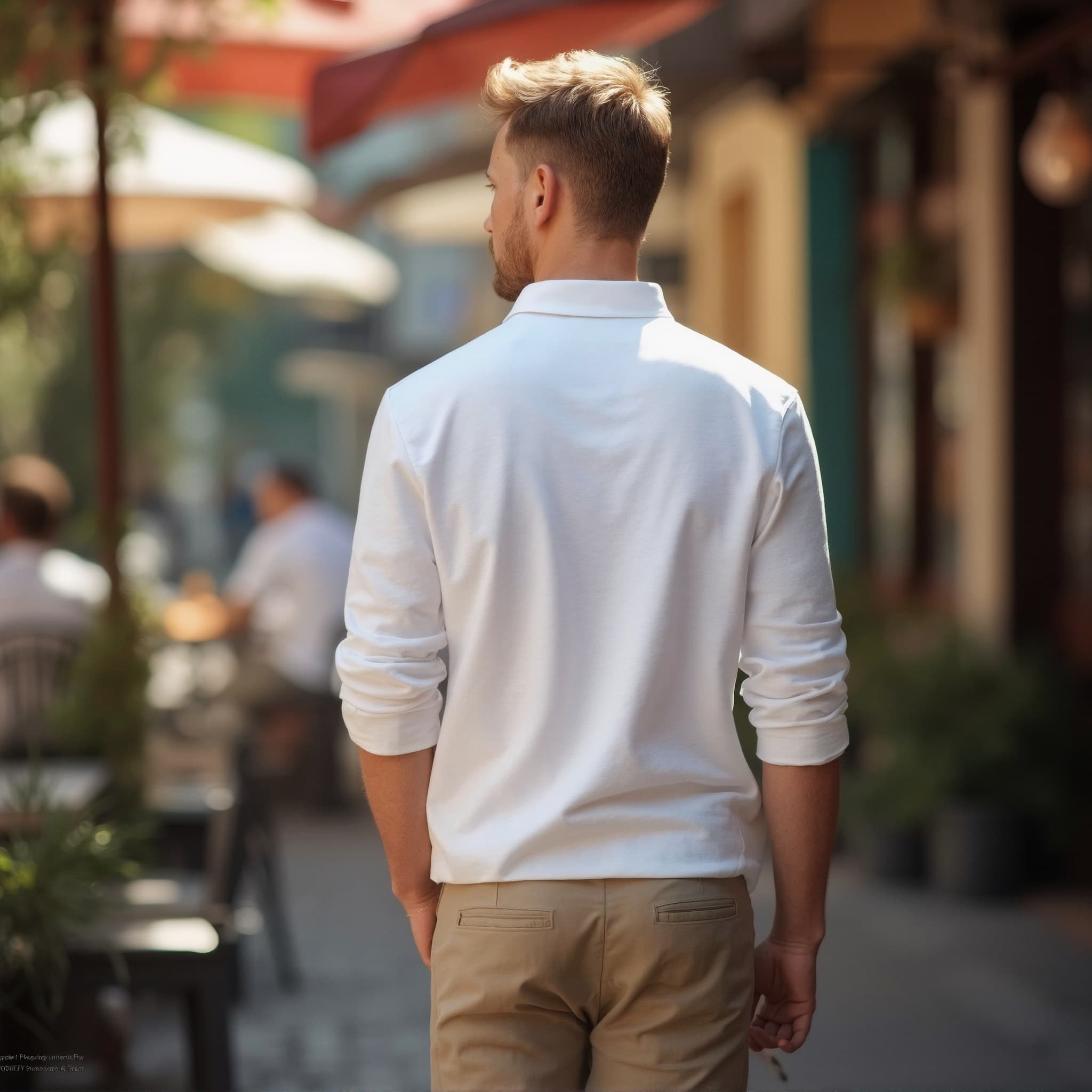 Back-View long sleeve polo mockup a man walks with slicked hair on a street