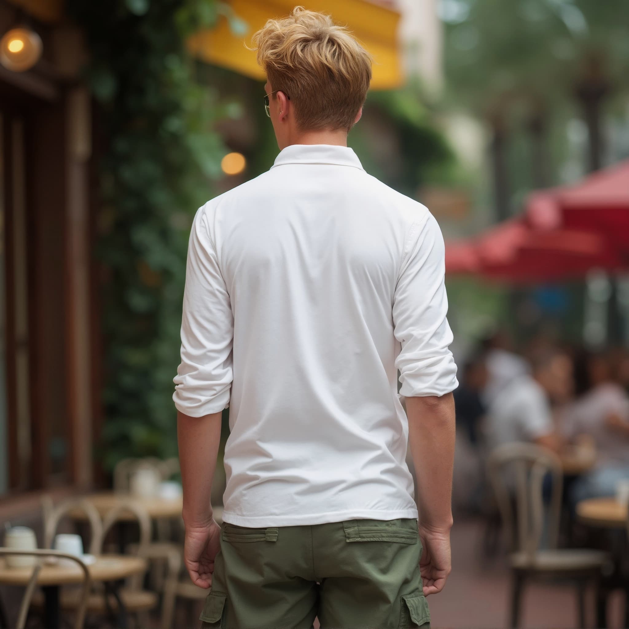 Back-View long sleeve polo mockup a man walks with tousled hair outside a café