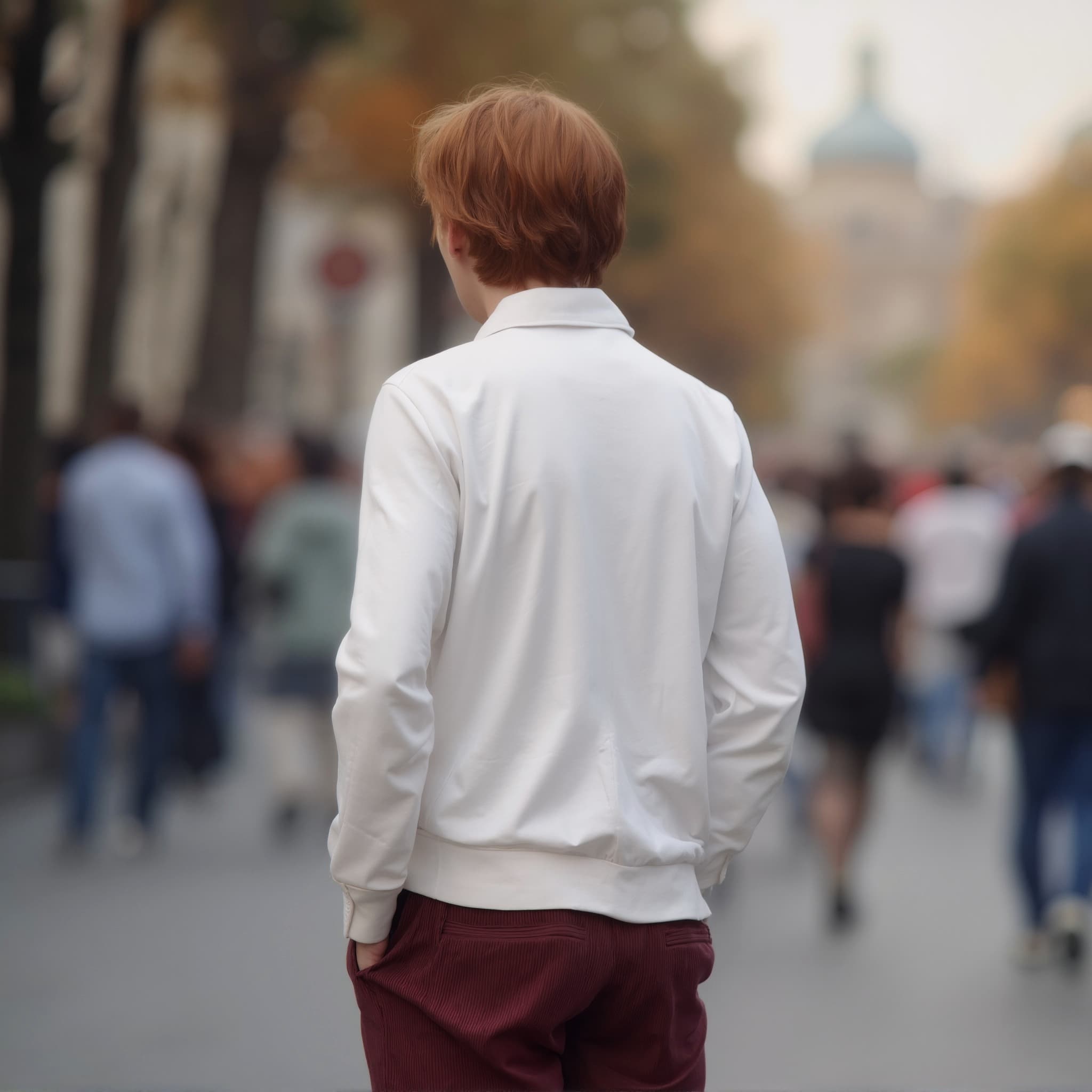 Back-View long sleeve polo mockup a person walks with hands in pockets in a busy street