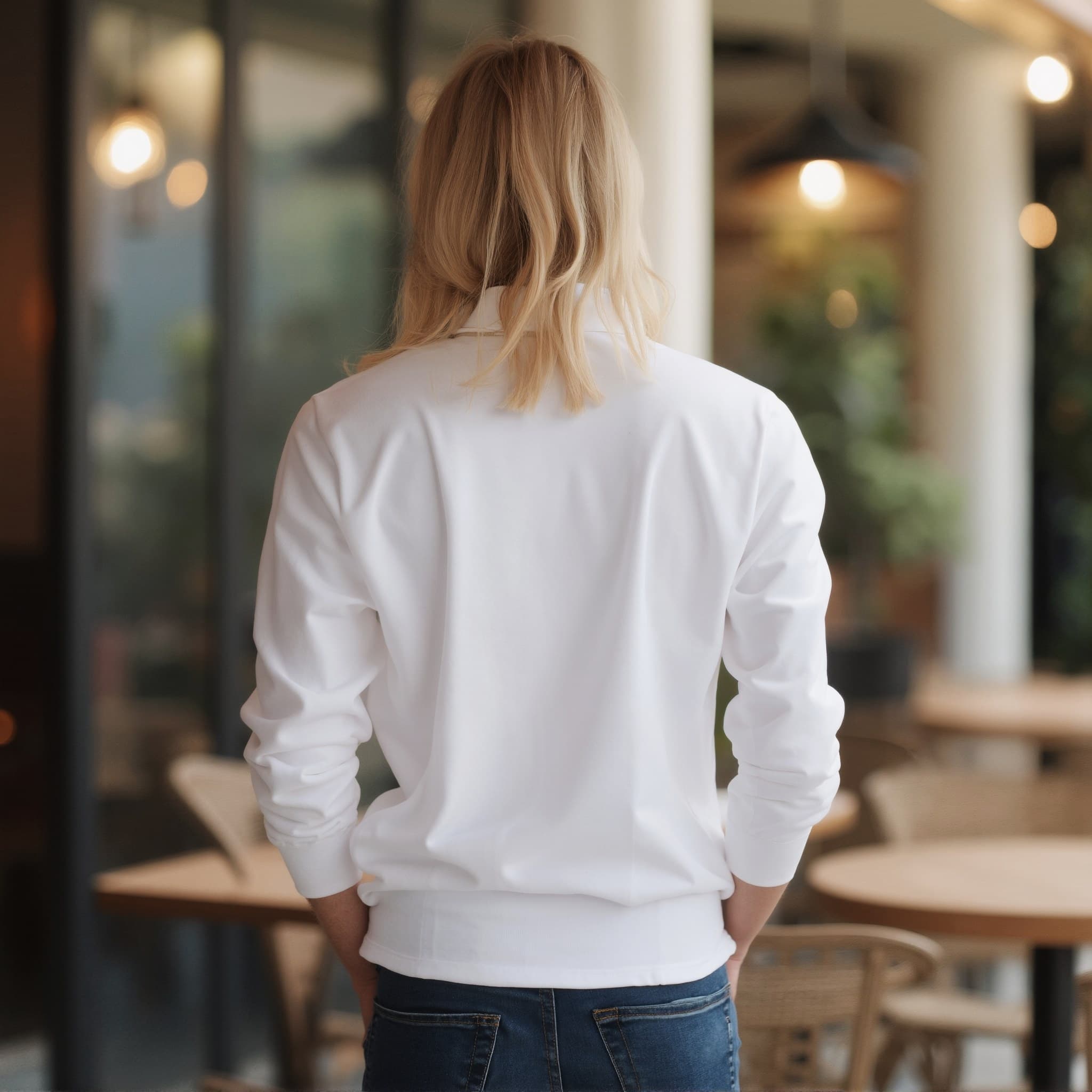 Back-View long sleeve polo mockup a woman stands with arms at sides in a café