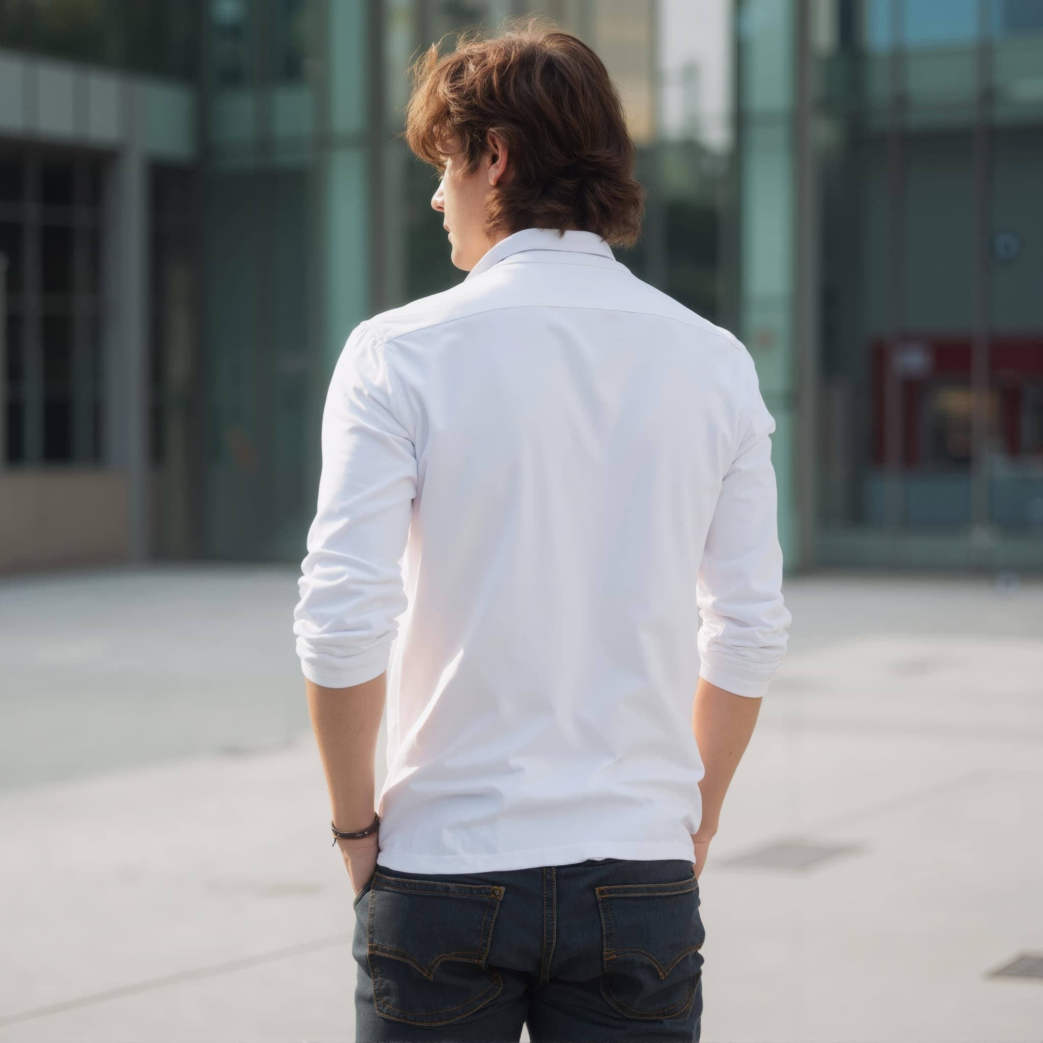 Back-View long sleeve polo mockup a young man stands with hands in pockets in an urban setting