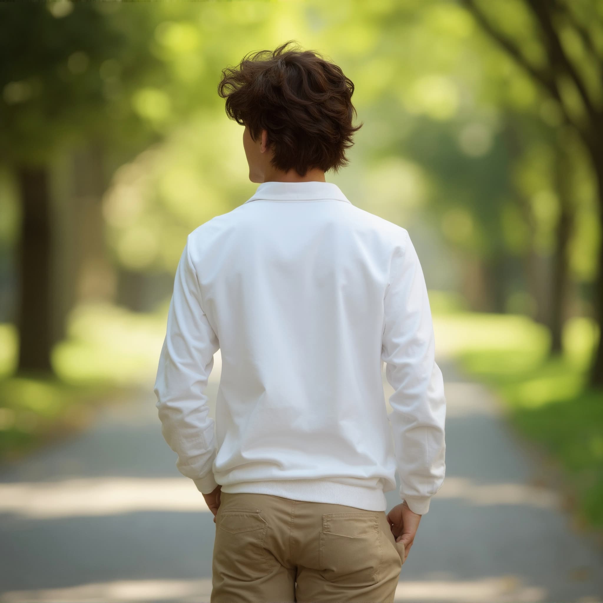 Back-View long sleeve polo mockup a young man walks hands in pockets in a park