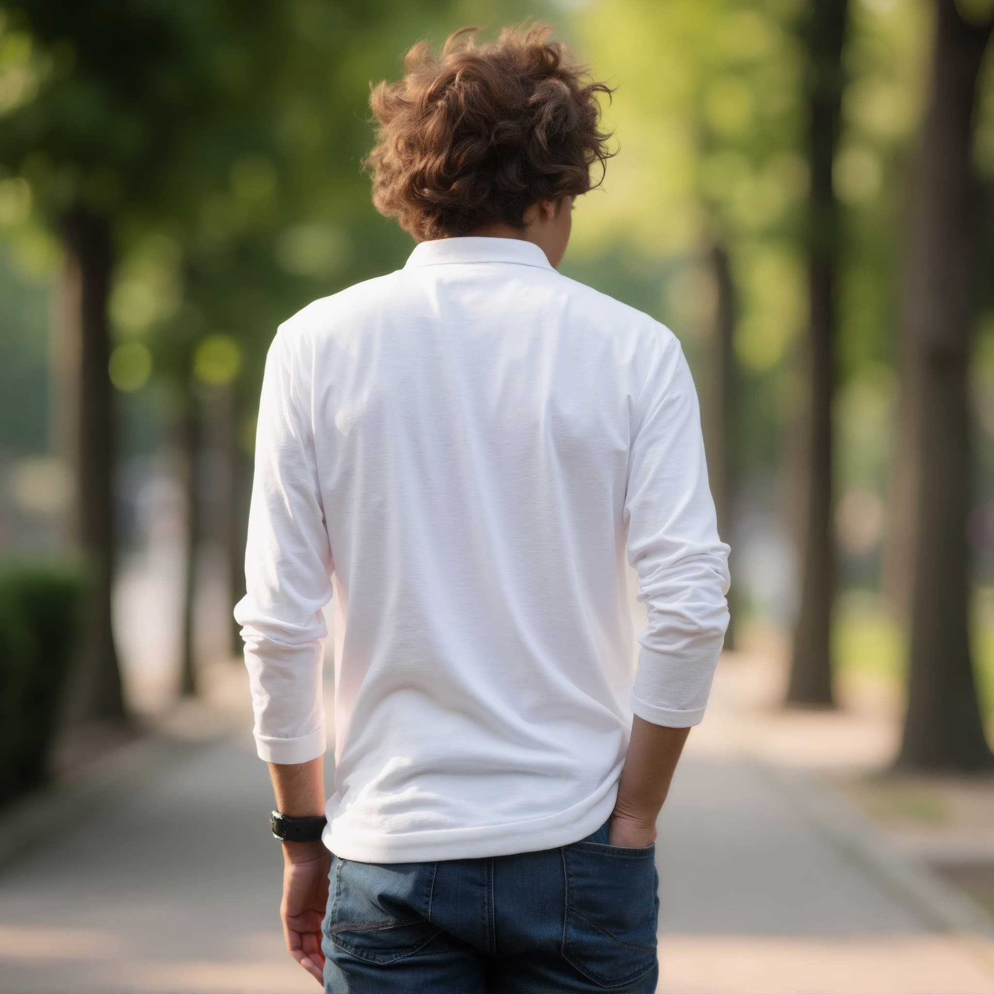 Back-View long sleeve polo mockup a young man walks shoulders back in a park