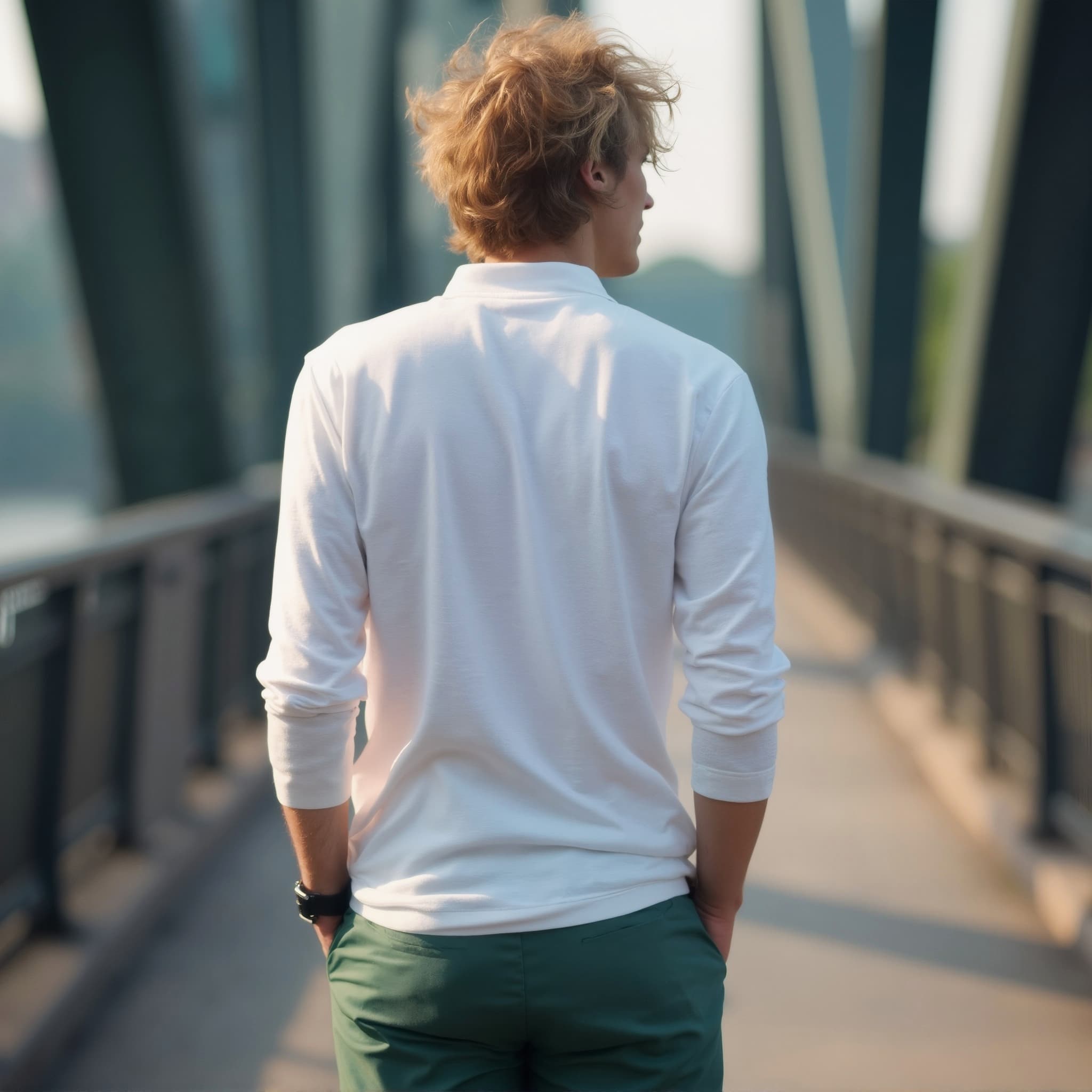 Back-View long sleeve polo mockup a young man walks with hands behind his hairstyle is tousled hair