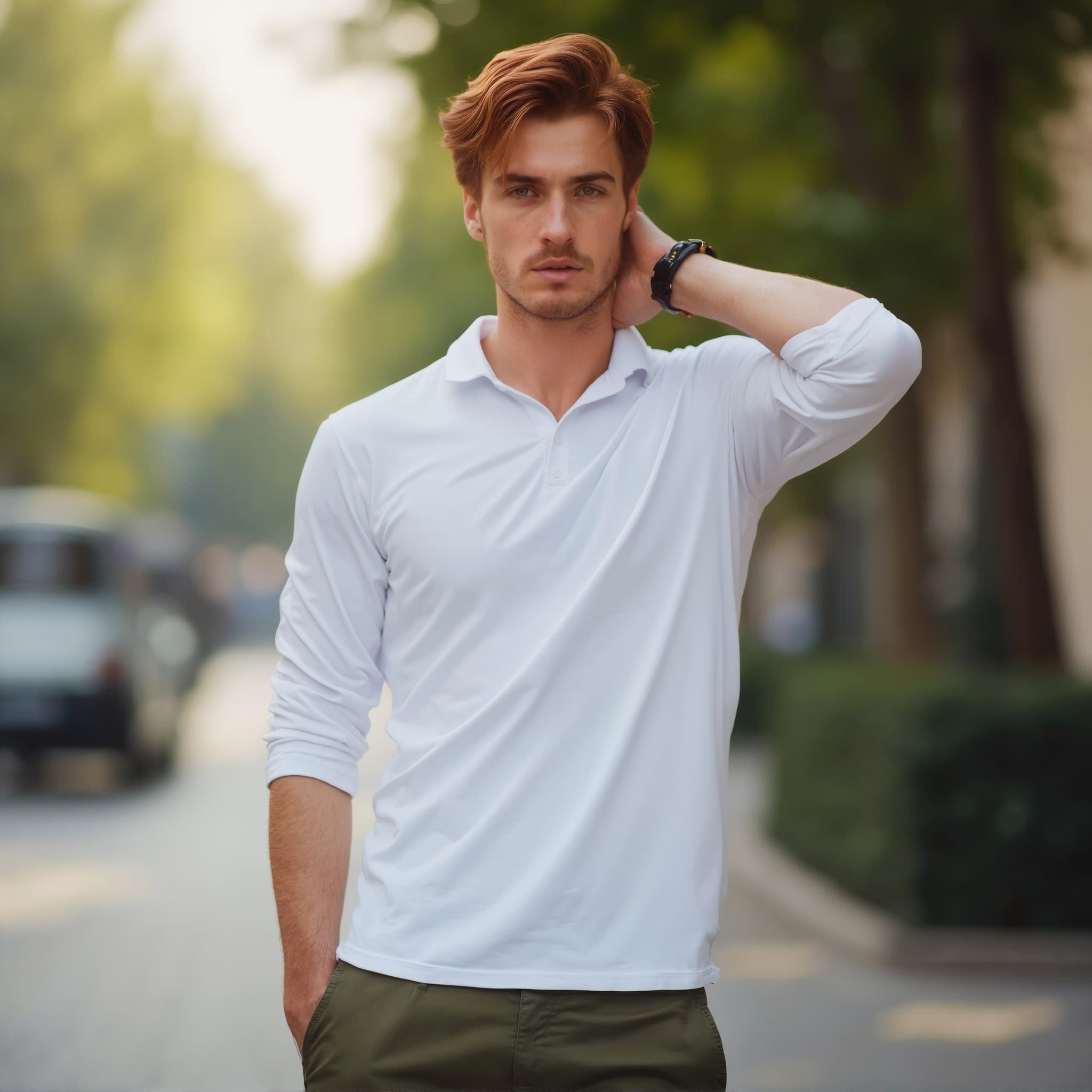 Long sleeve polo mockup a man holds his neck on a city street