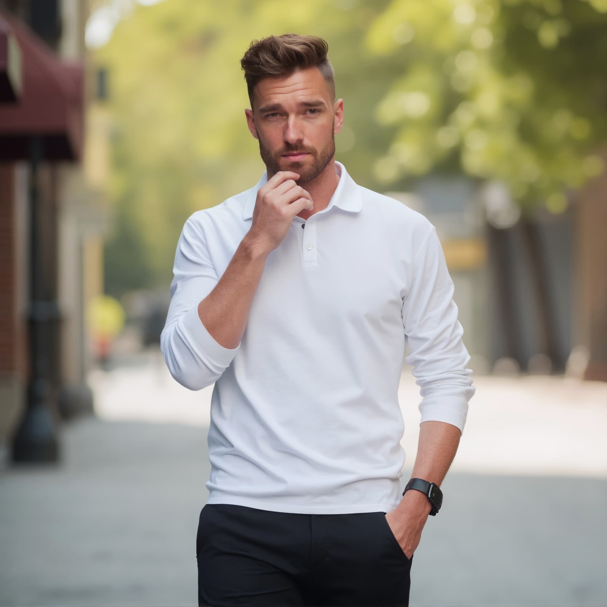 Long sleeve polo mockup a man is thoughtful with short hair on a city street