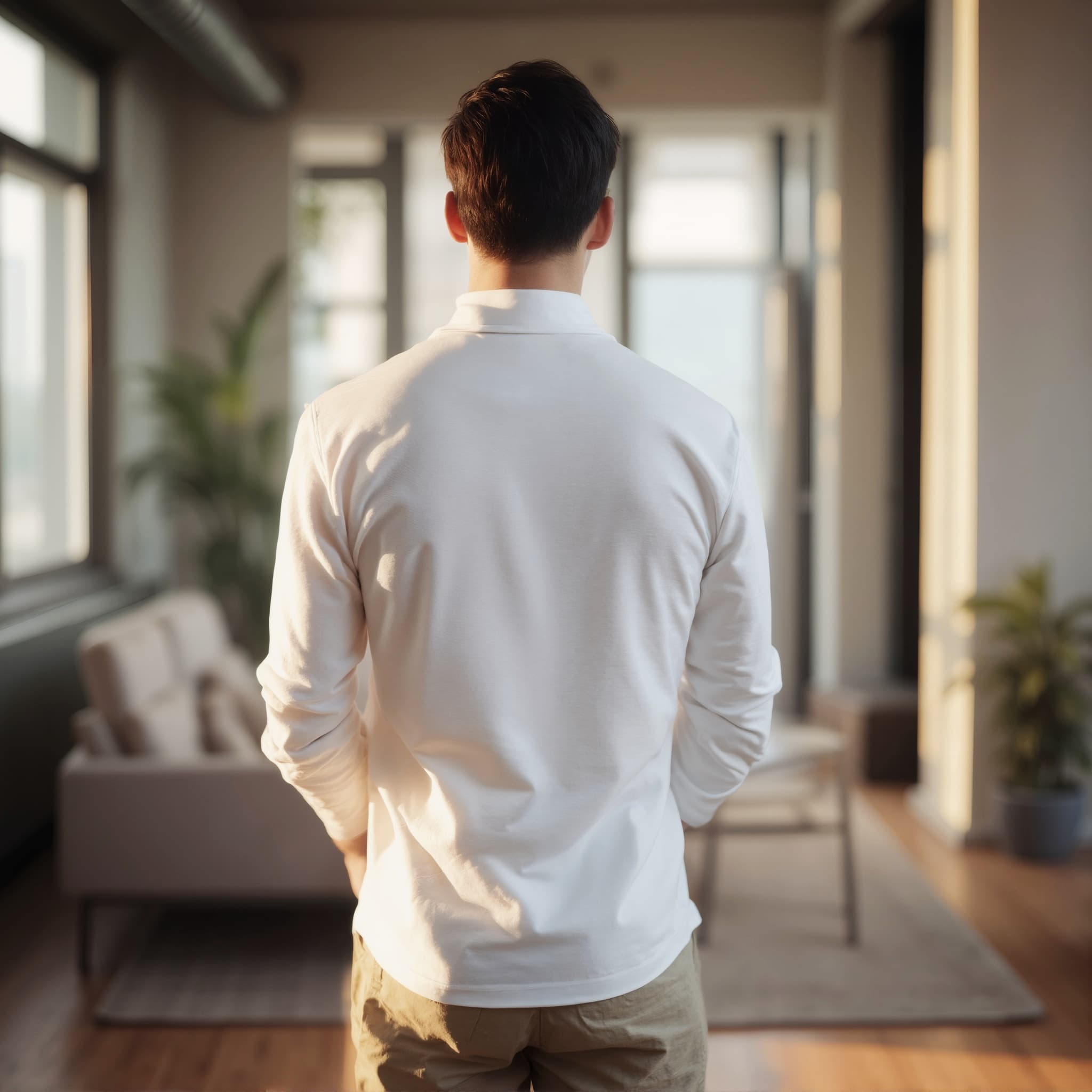 Back-View long sleeve polo mockup a man stands with arms at sides in a living rooM