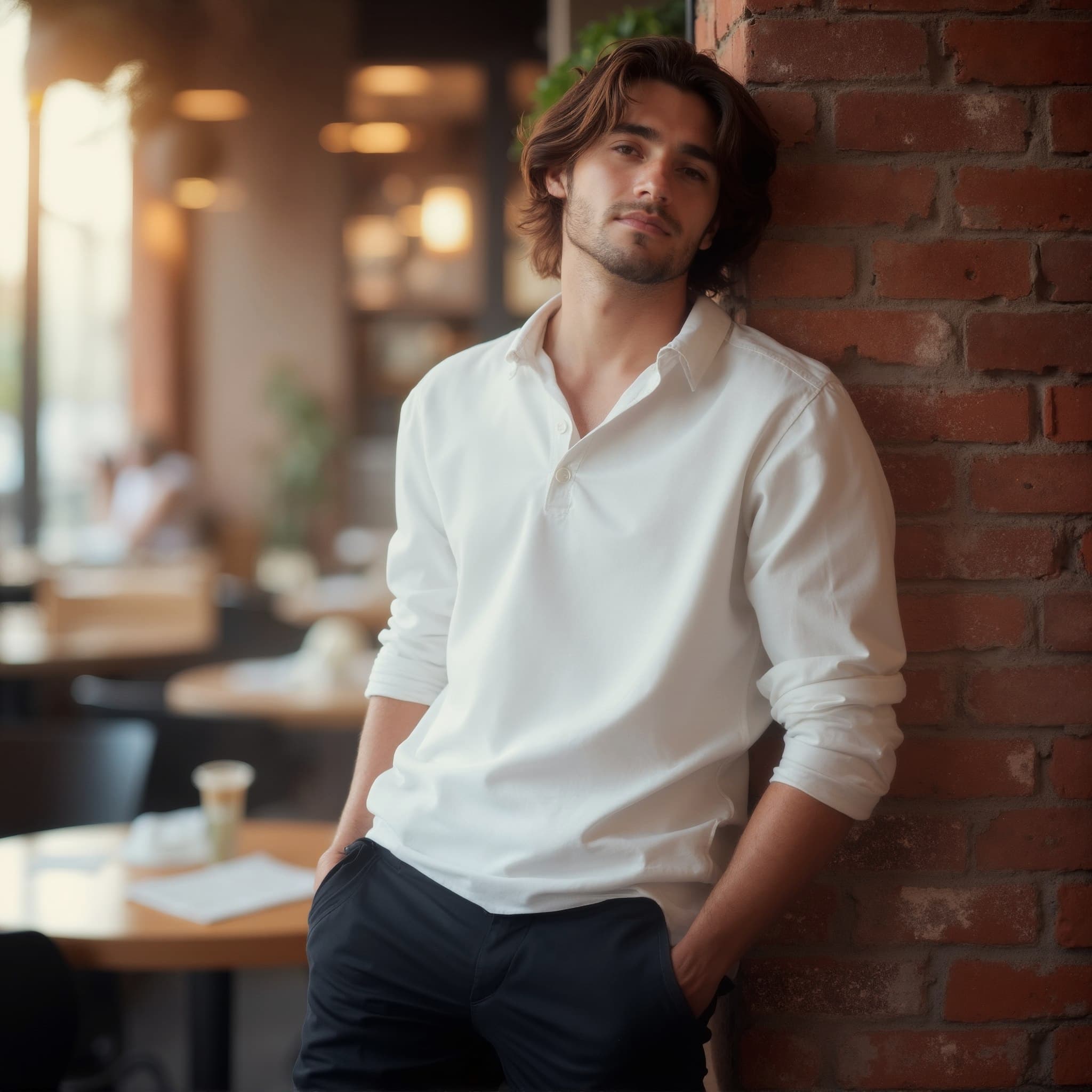 Long sleeve polo mockup a man leans against a wall cafe setting