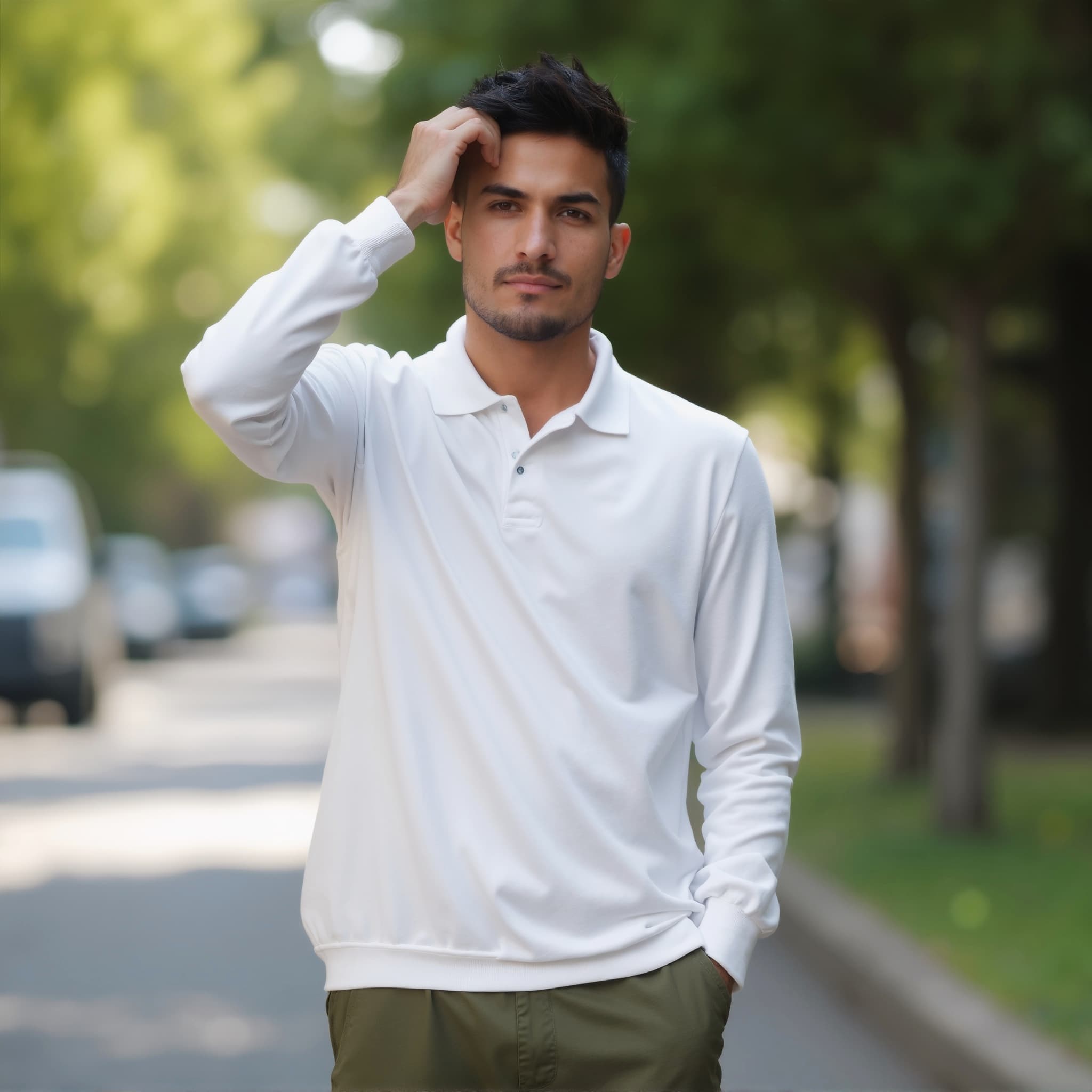 Long sleeve polo mockup a man runs his hand through his hair in a par