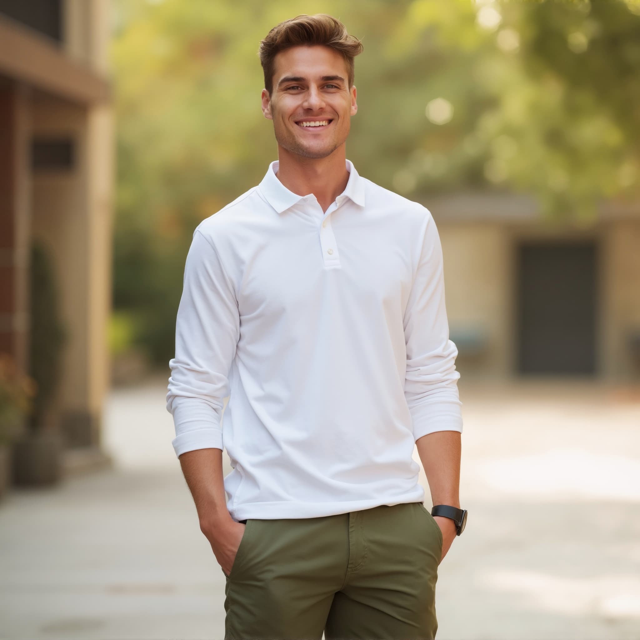 Long sleeve polo mockup a man smiles hands in pockets outdoor scene