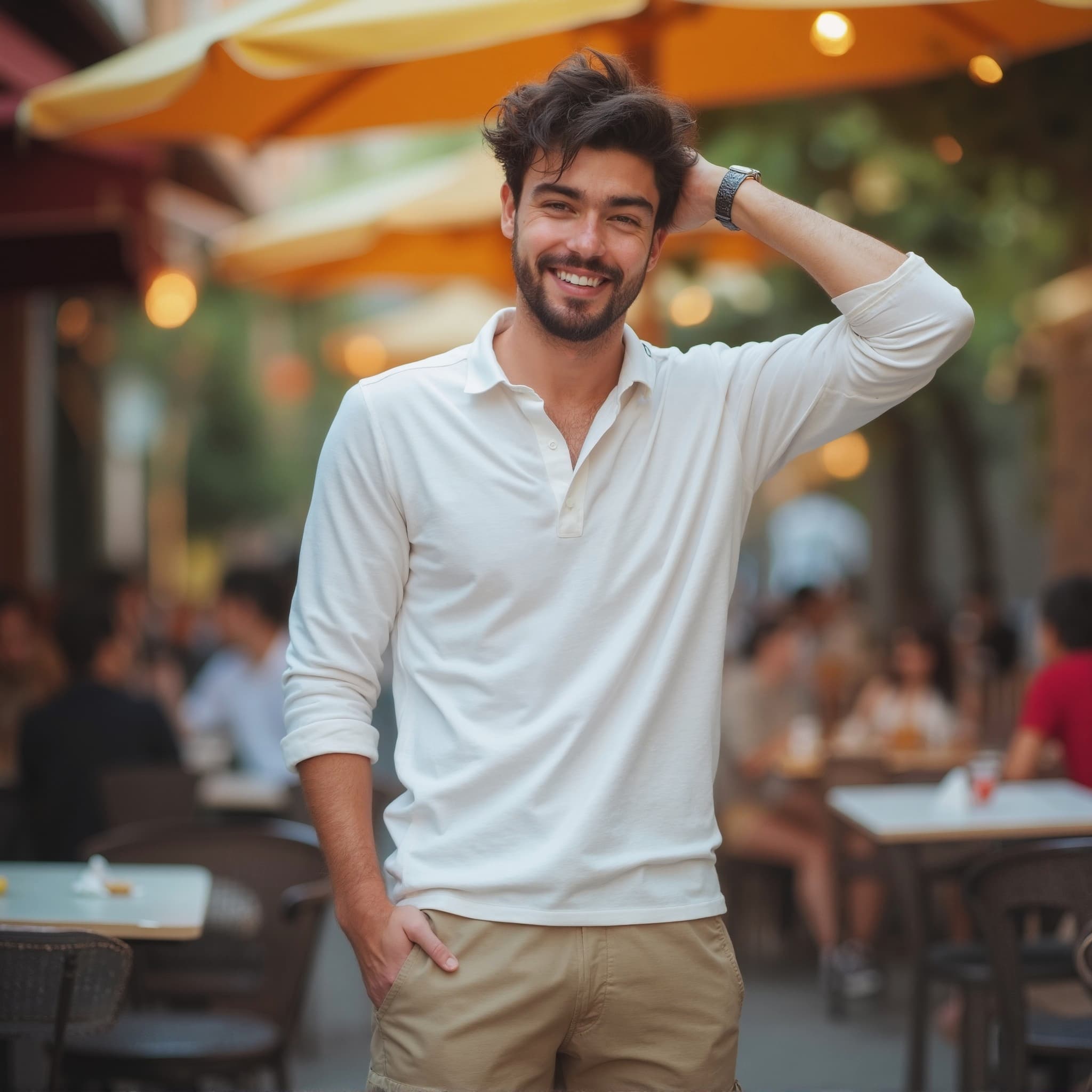 Long sleeve polo mockup a man smiles while posing outdoors