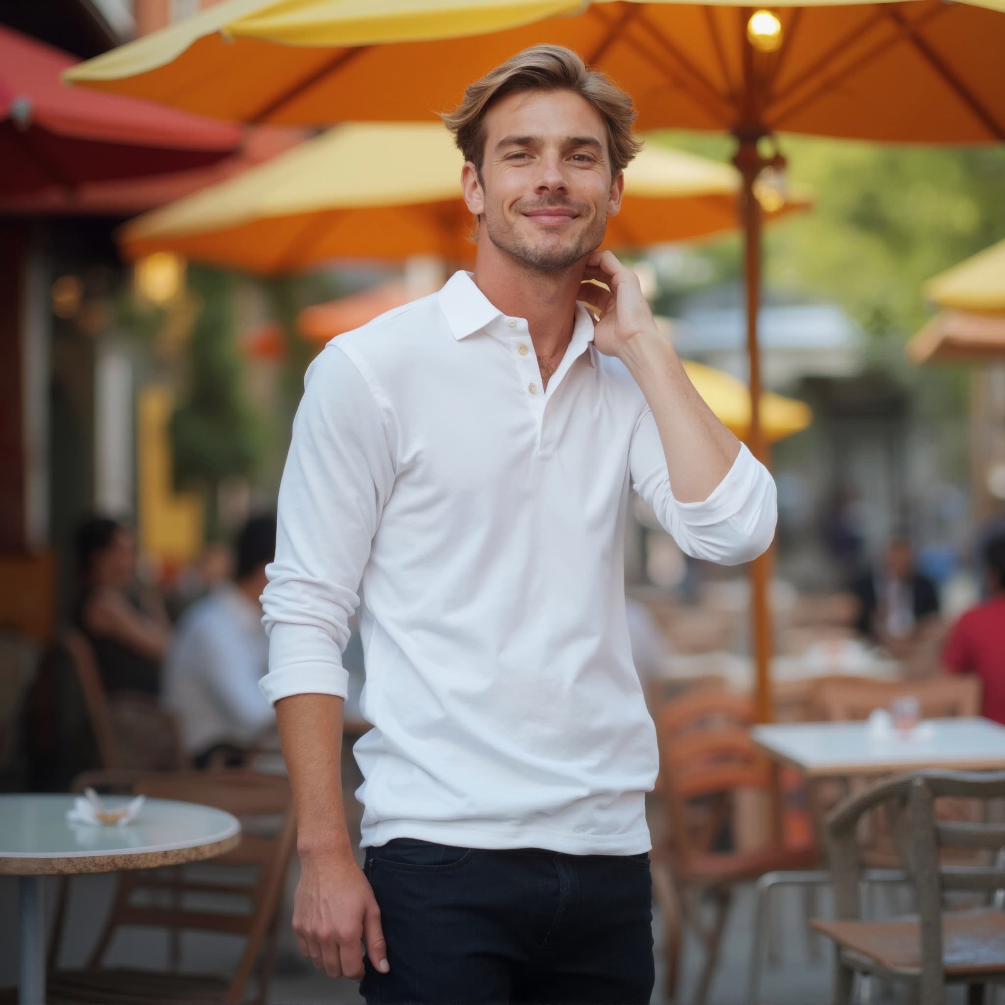 Long sleeve polo mockup a man smiles while touching his neck in a cafe
