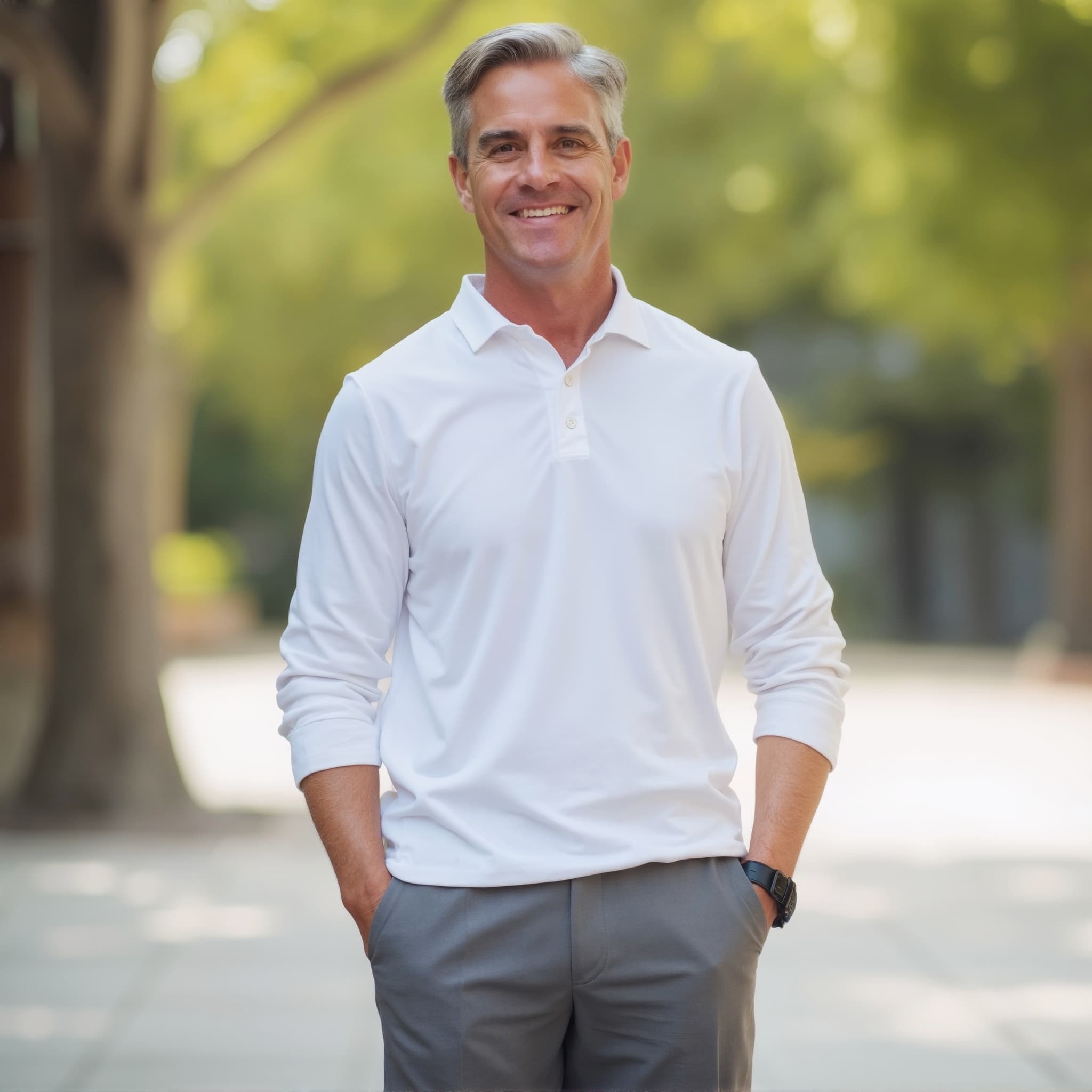 Long sleeve polo mockup a man smiles with arms relaxed in a park