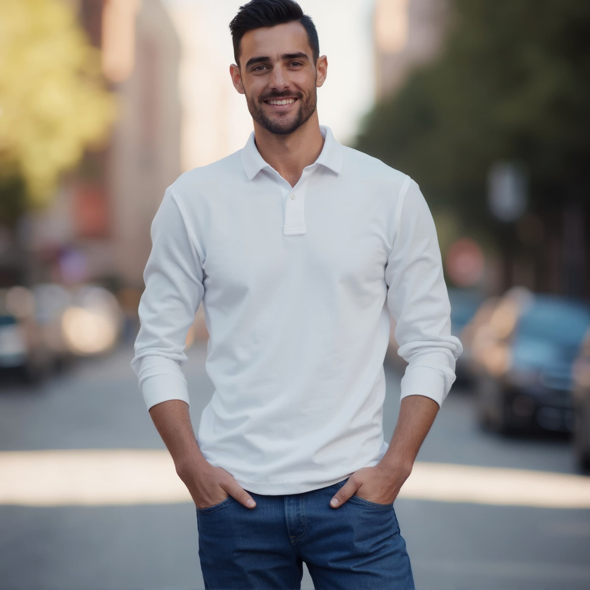 Long sleeve polo mockup a man smiles with hands in pockets city street