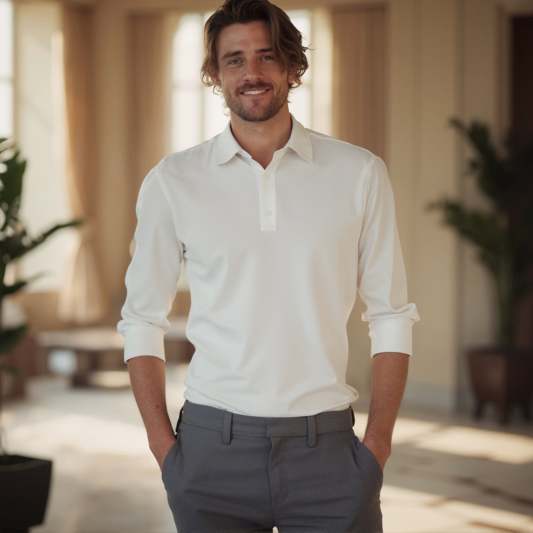 Long sleeve polo mockup a man smiles with hands in pockets in a bright room