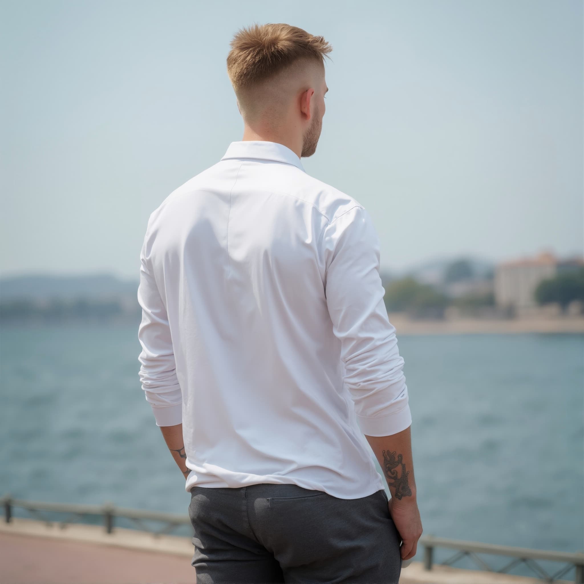 Back-View long sleeve polo mockup a man stands with arms crossed by the water