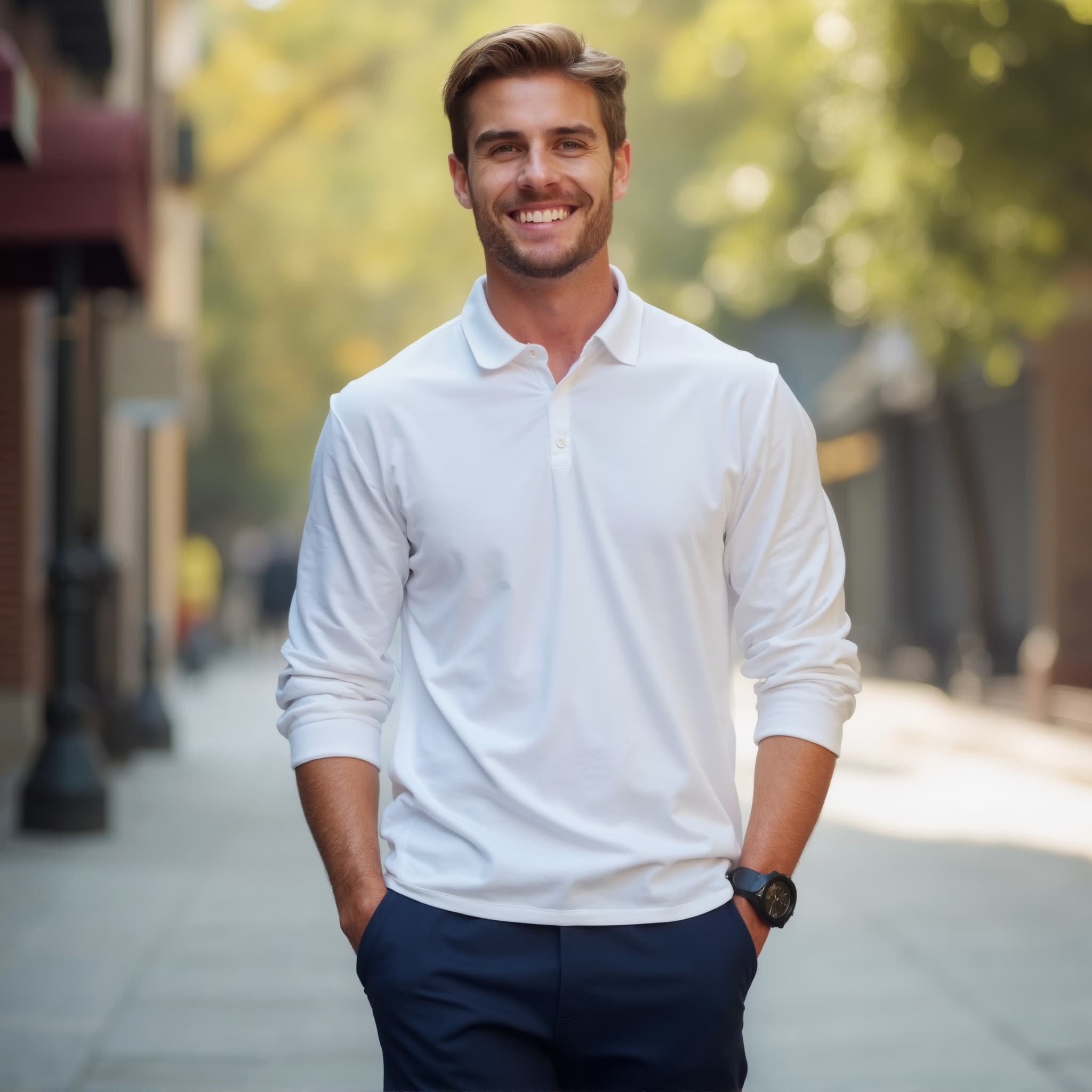 Long sleeve polo mockup a man smiles with hands in pockets in a city street