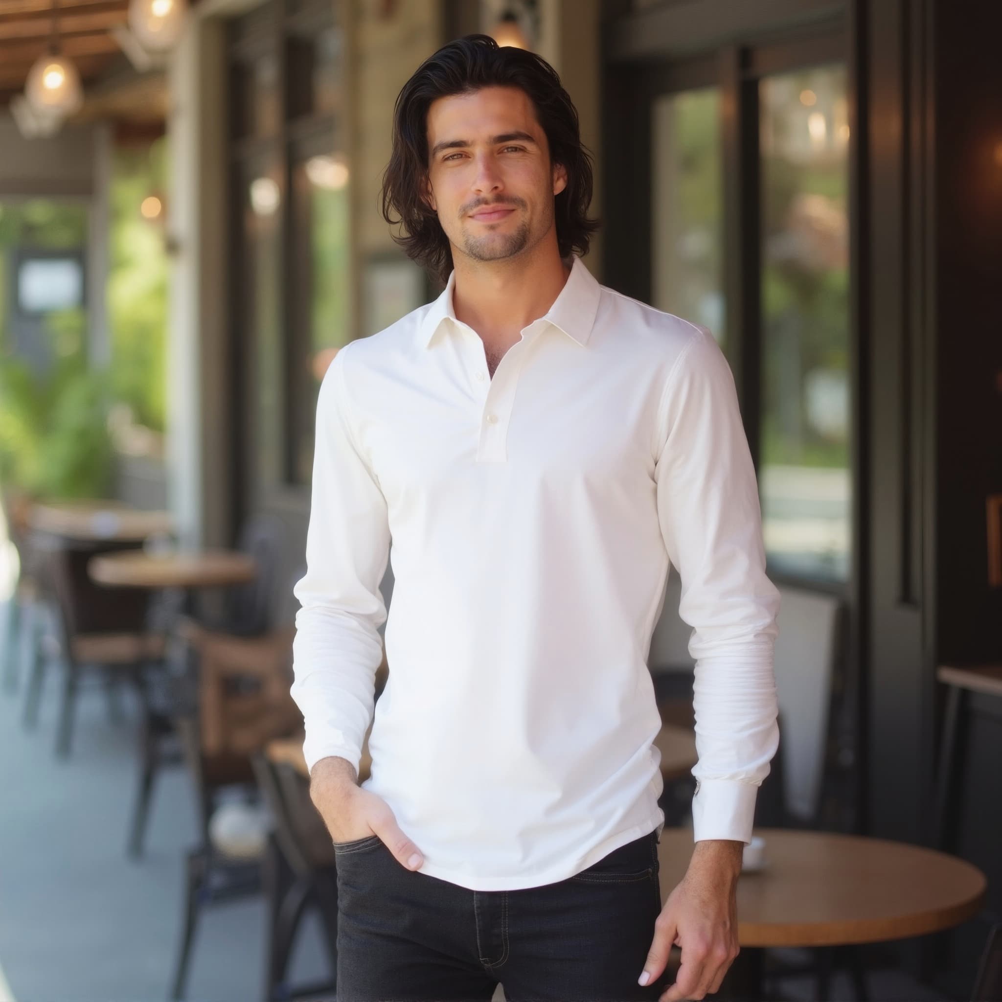 Long sleeve polo mockup a man smiles with hands in pockets on a pati