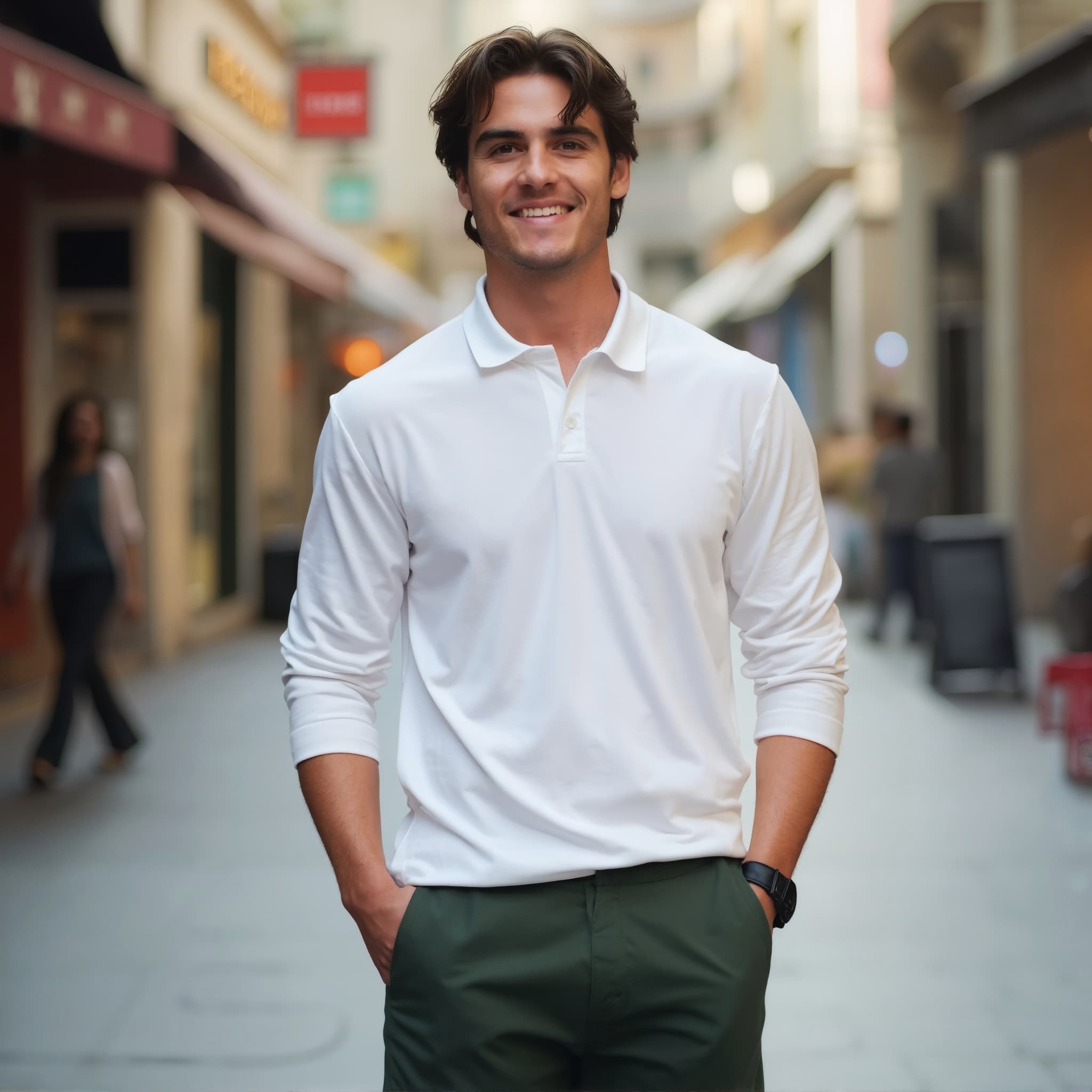 Long sleeve polo mockup a man smiles with hands in pockets on a street 01