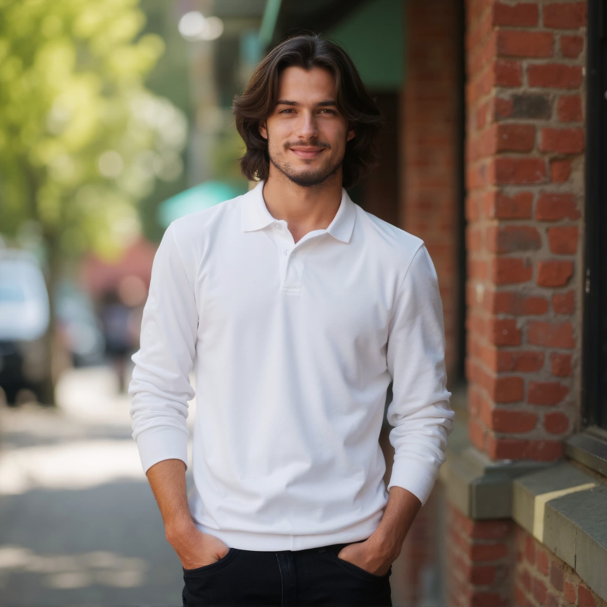 Long sleeve polo mockup a man smiles with hands in pockets on a street 02
