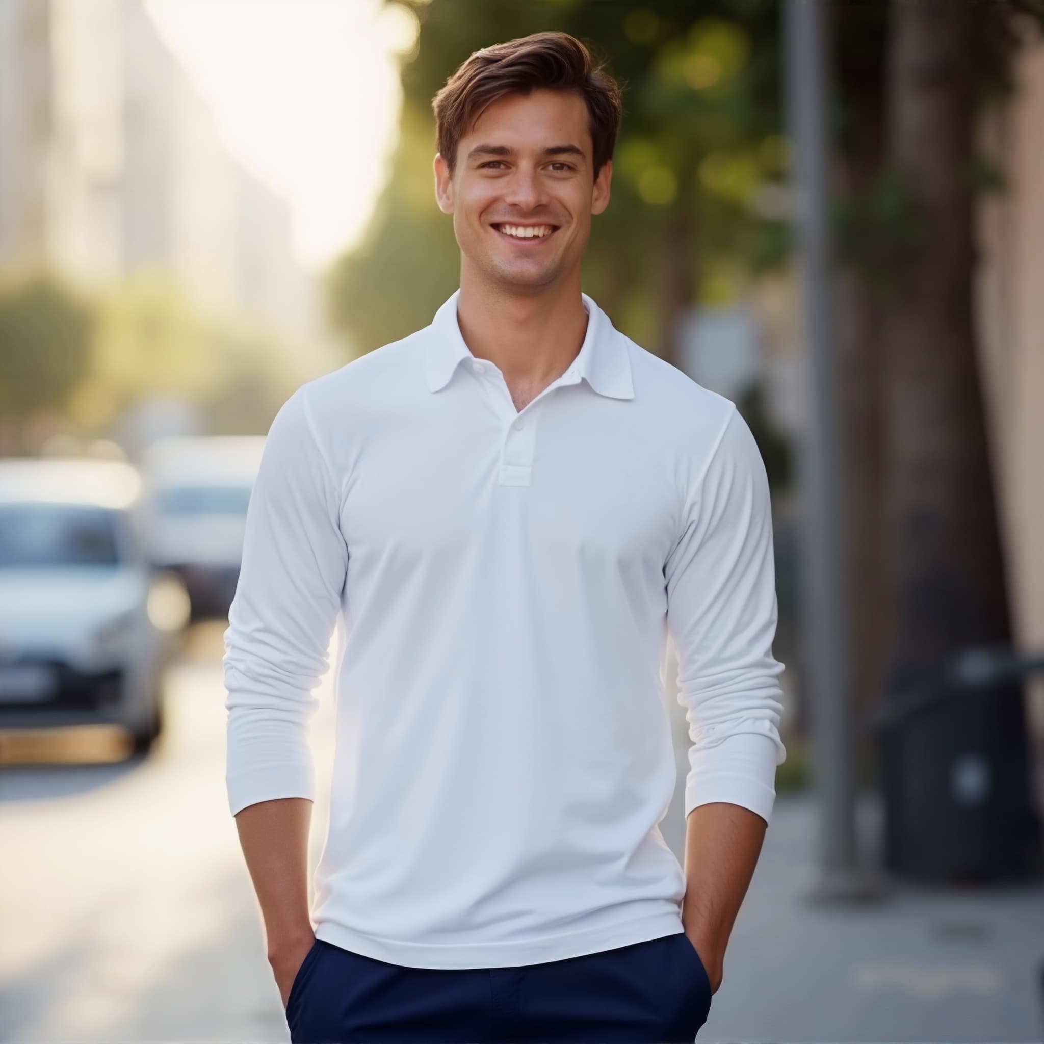 Long sleeve polo mockup a man smiles with hands in pockets on a street 1