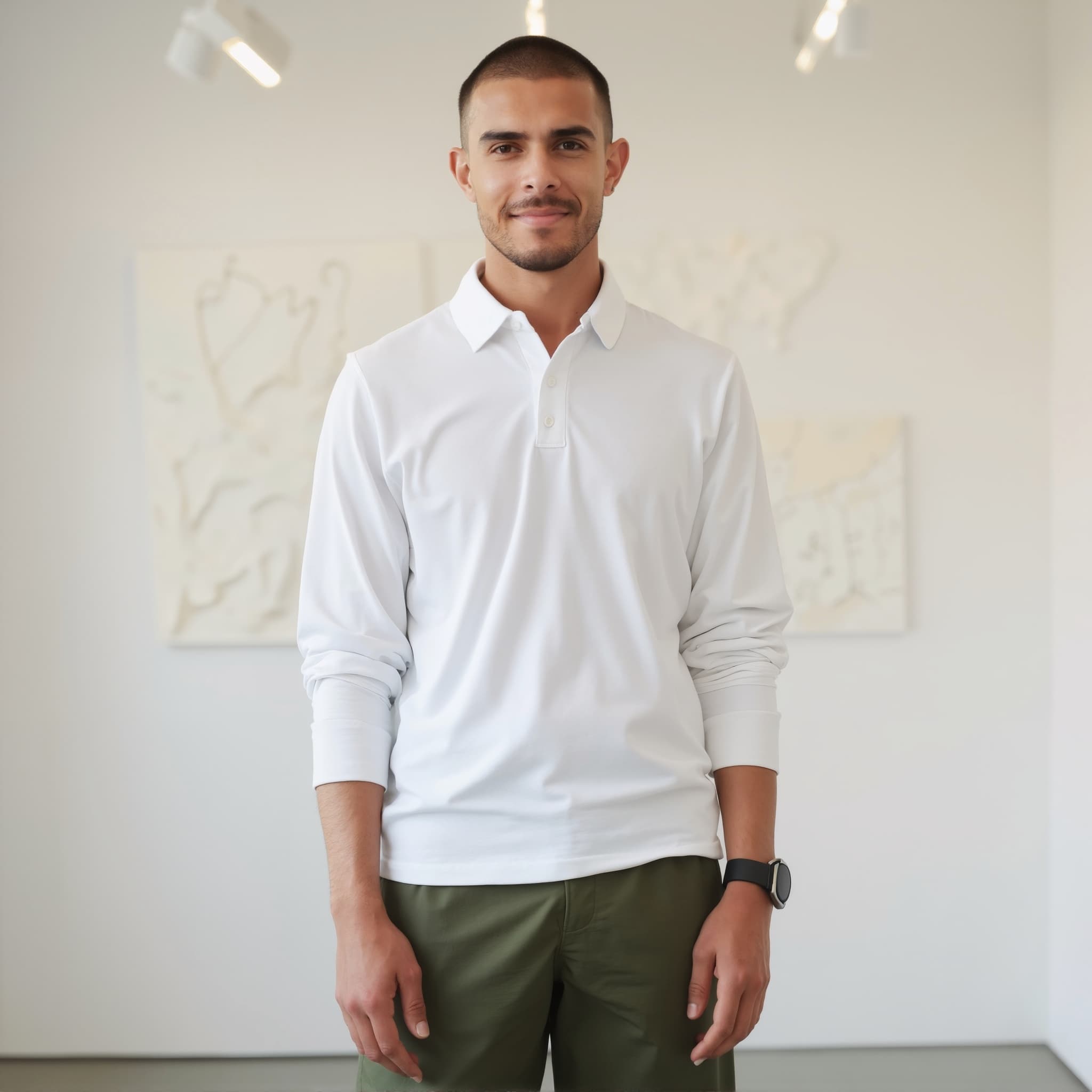 Long sleeve polo mockup a man smiles with short hair in an art gallery