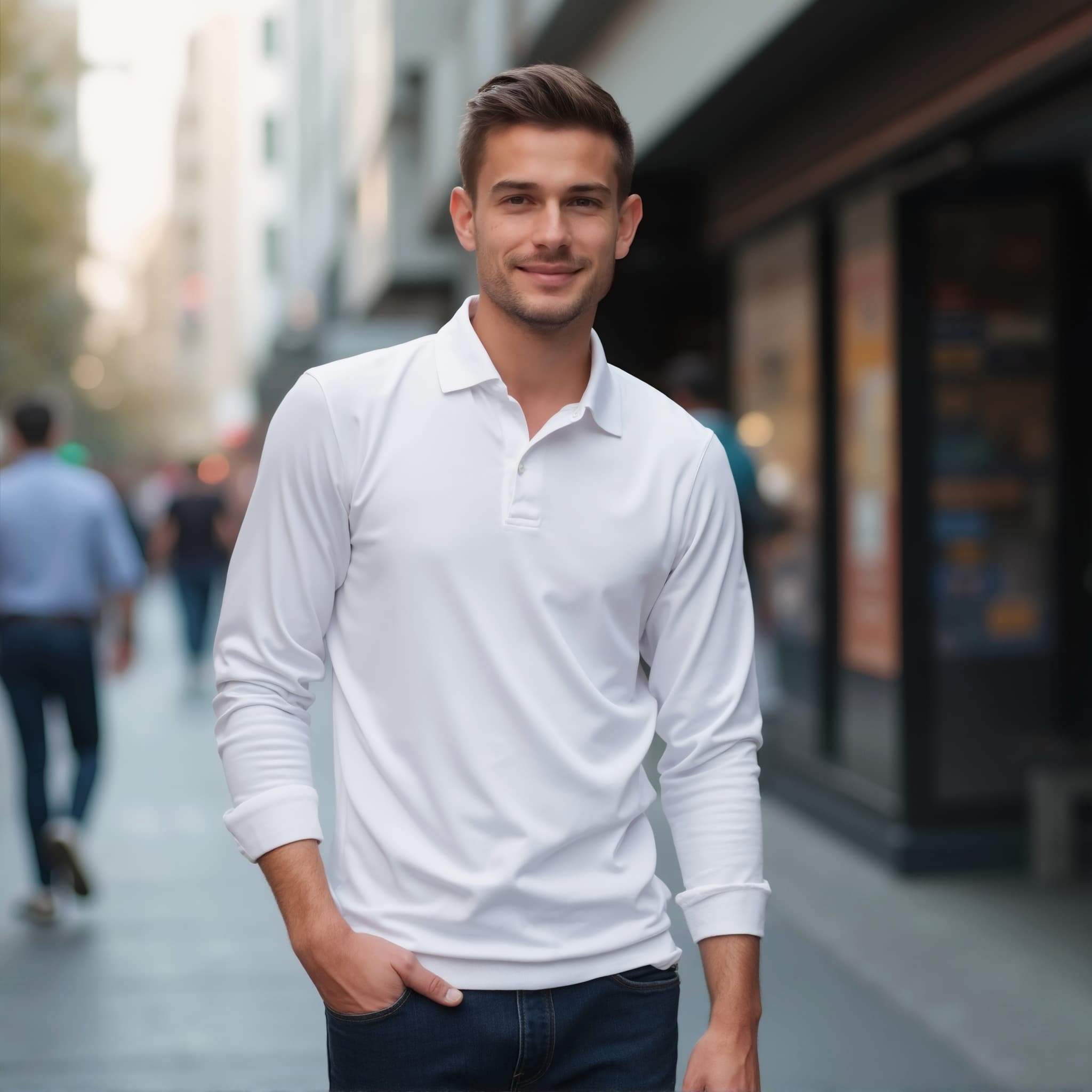 Long sleeve polo mockup a man smiles with short hair on a city street