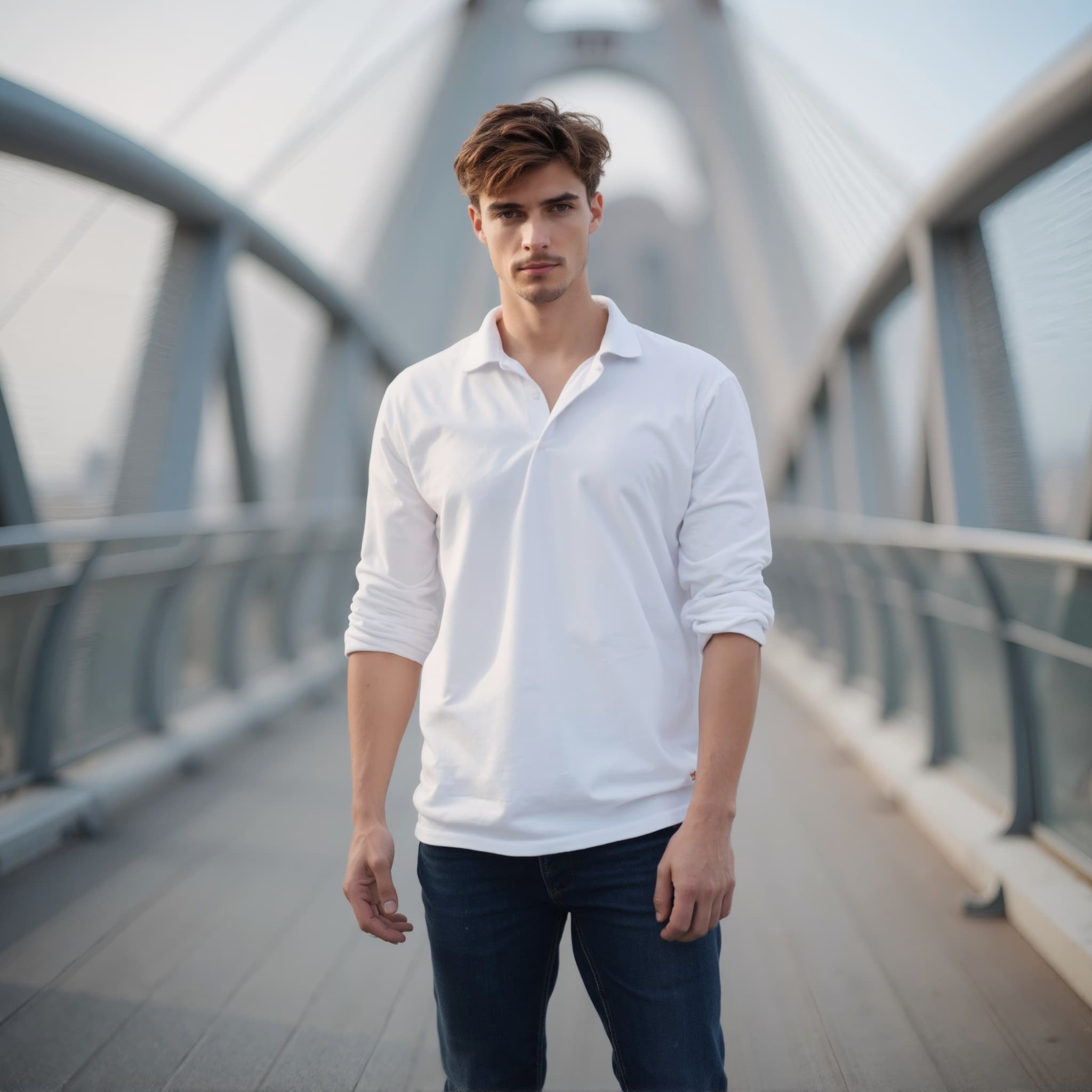 Long sleeve polo mockup a man stands with arms relaxed on a bridge