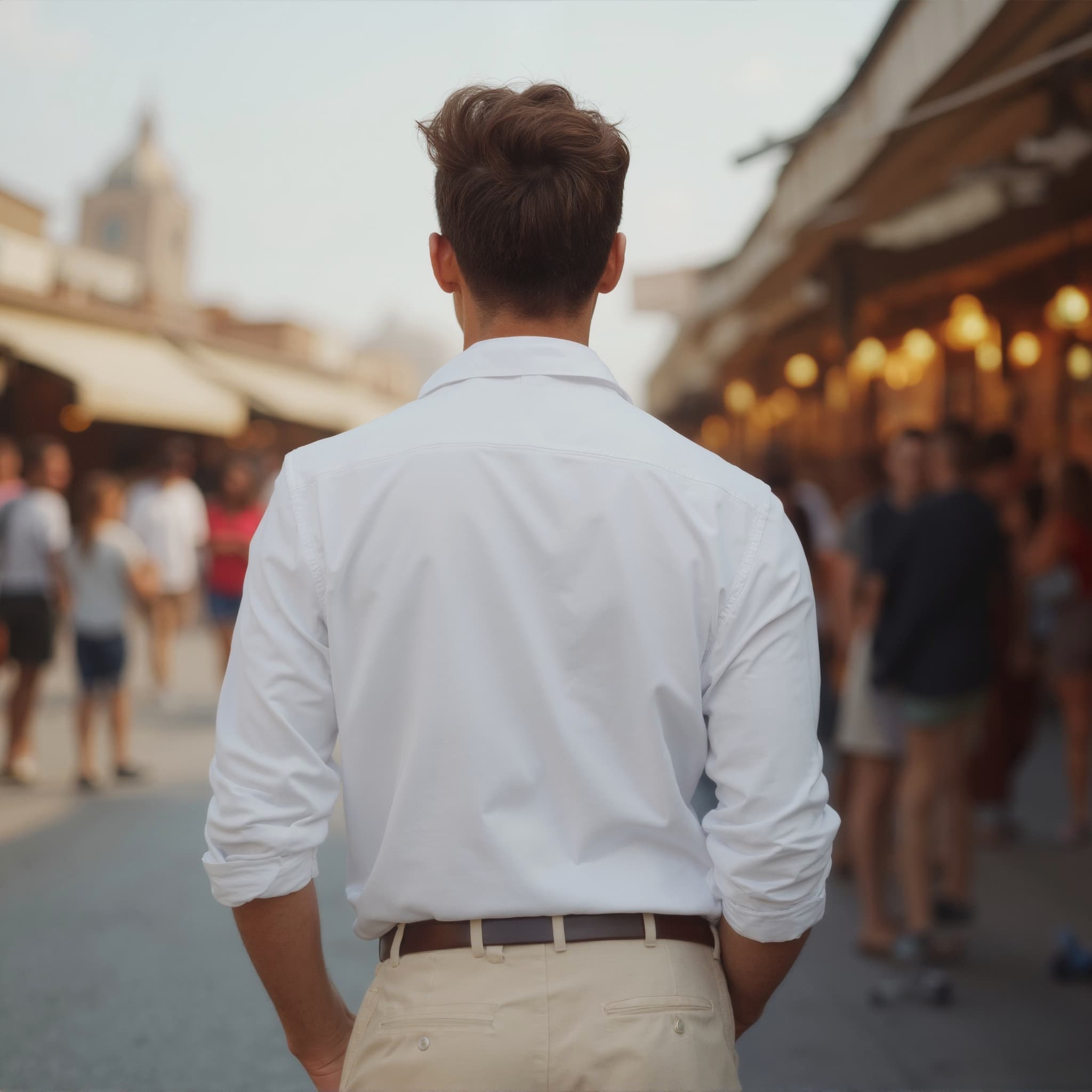 Back-View long sleeve polo mockup a man stands with arms crossed in a market scene