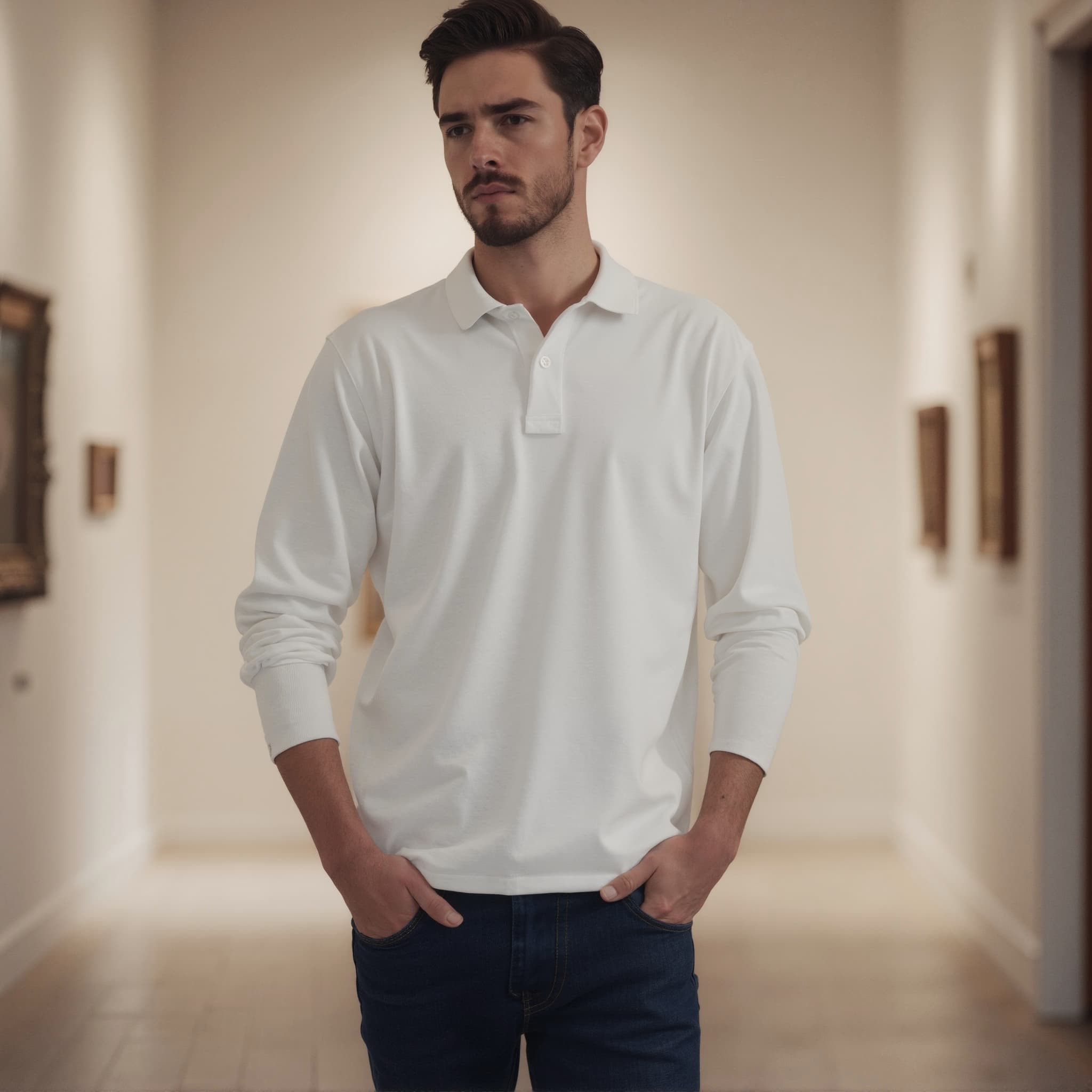 Long sleeve polo mockup a man stands with hands in pockets art gallery