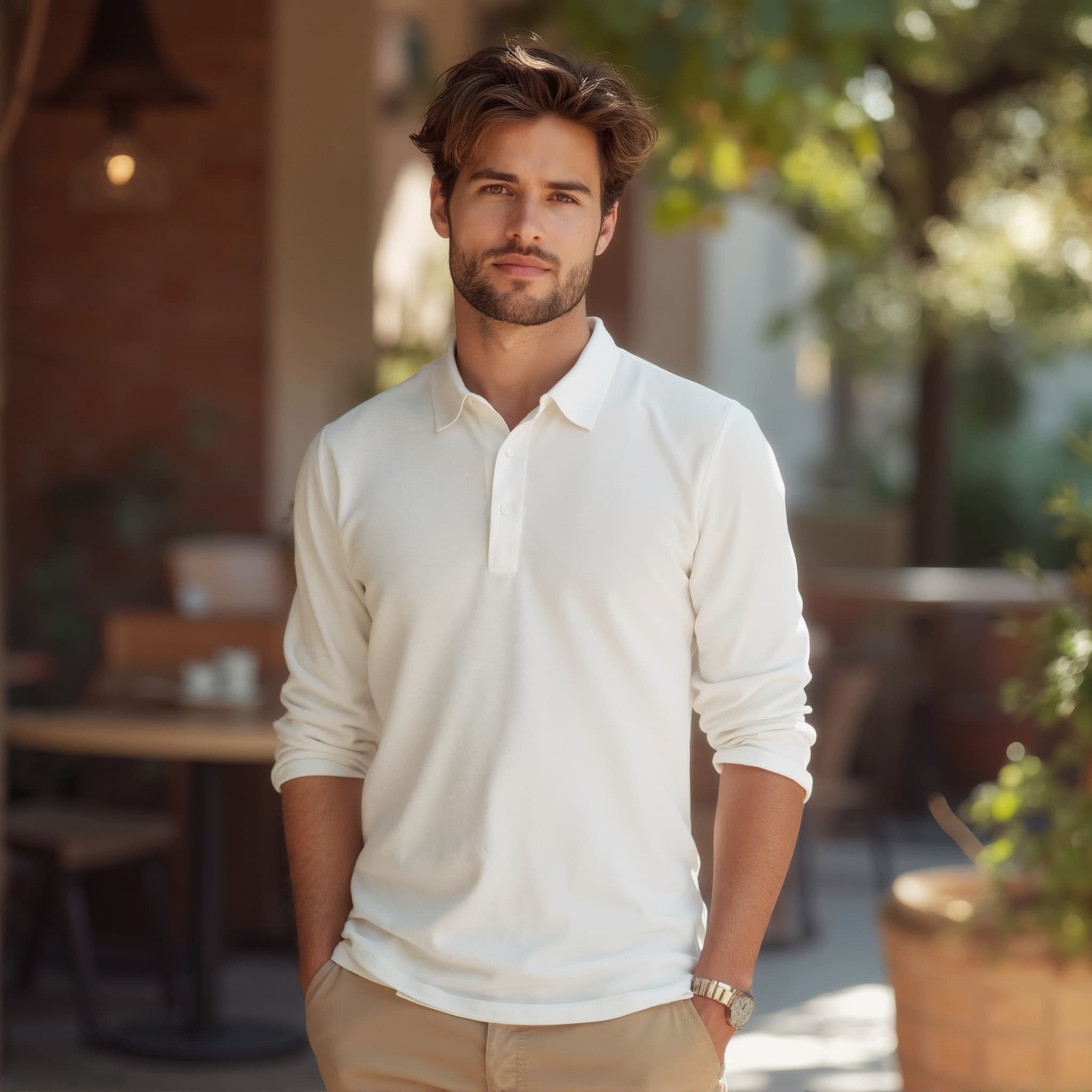 Long sleeve polo mockup a man stands with hands in pockets at a cafe