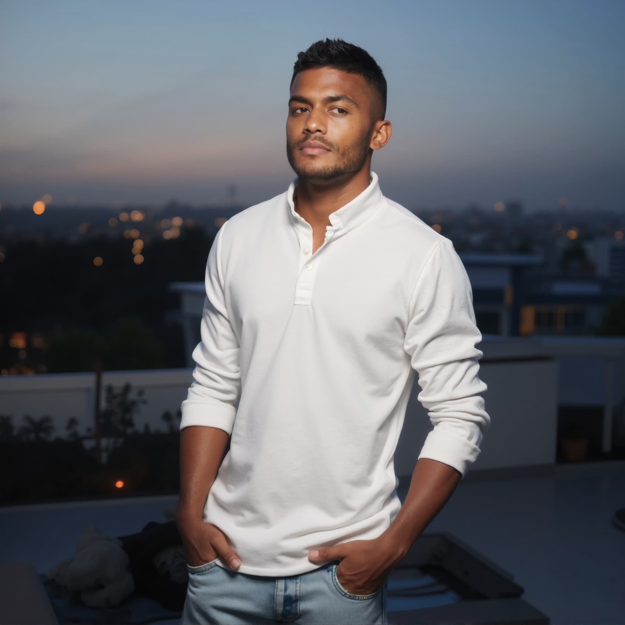 Long sleeve polo mockup a man stands with hands in pockets at sunset