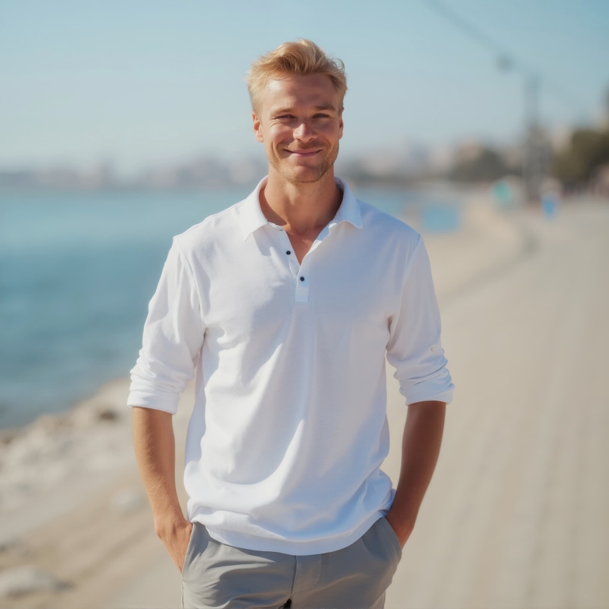 Long sleeve polo mockup a man stands with hands in pockets at the beach