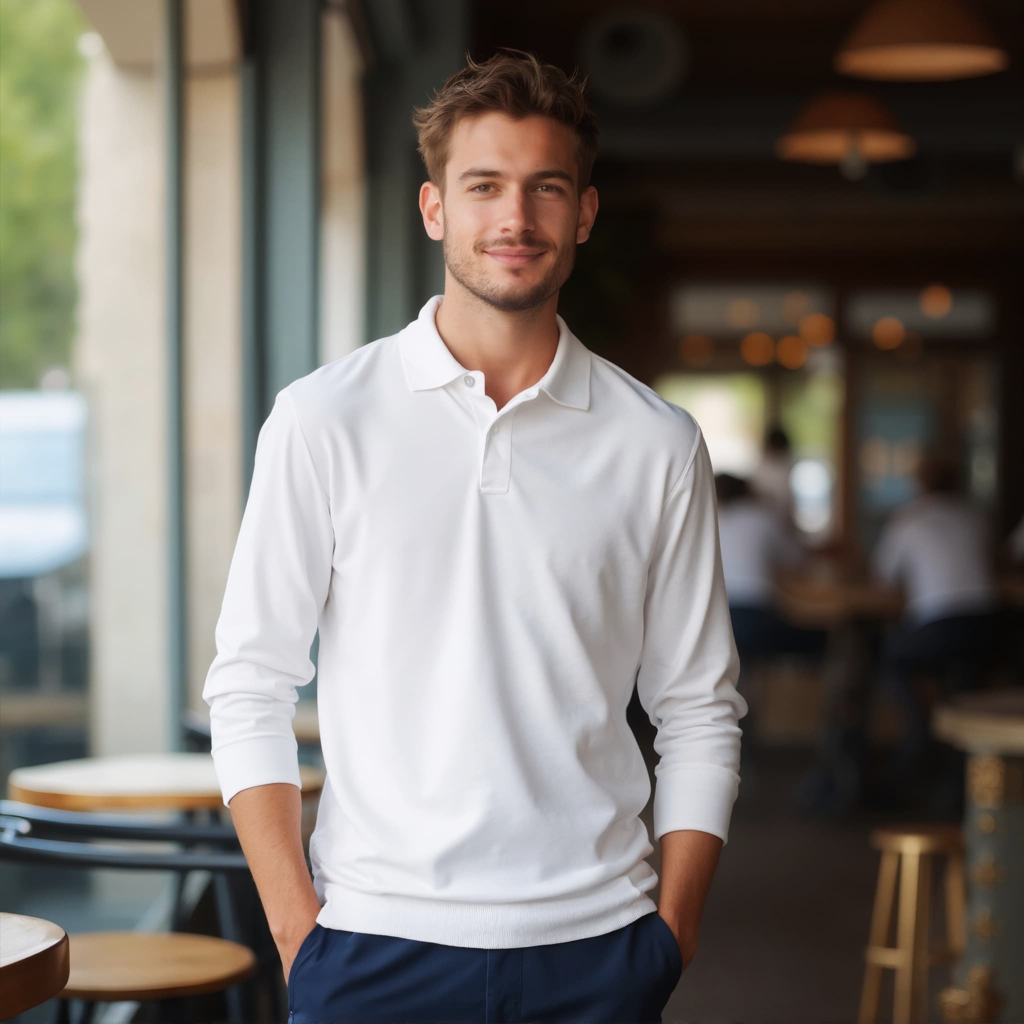 Long sleeve polo mockup a man stands with hands in pockets cafe interior