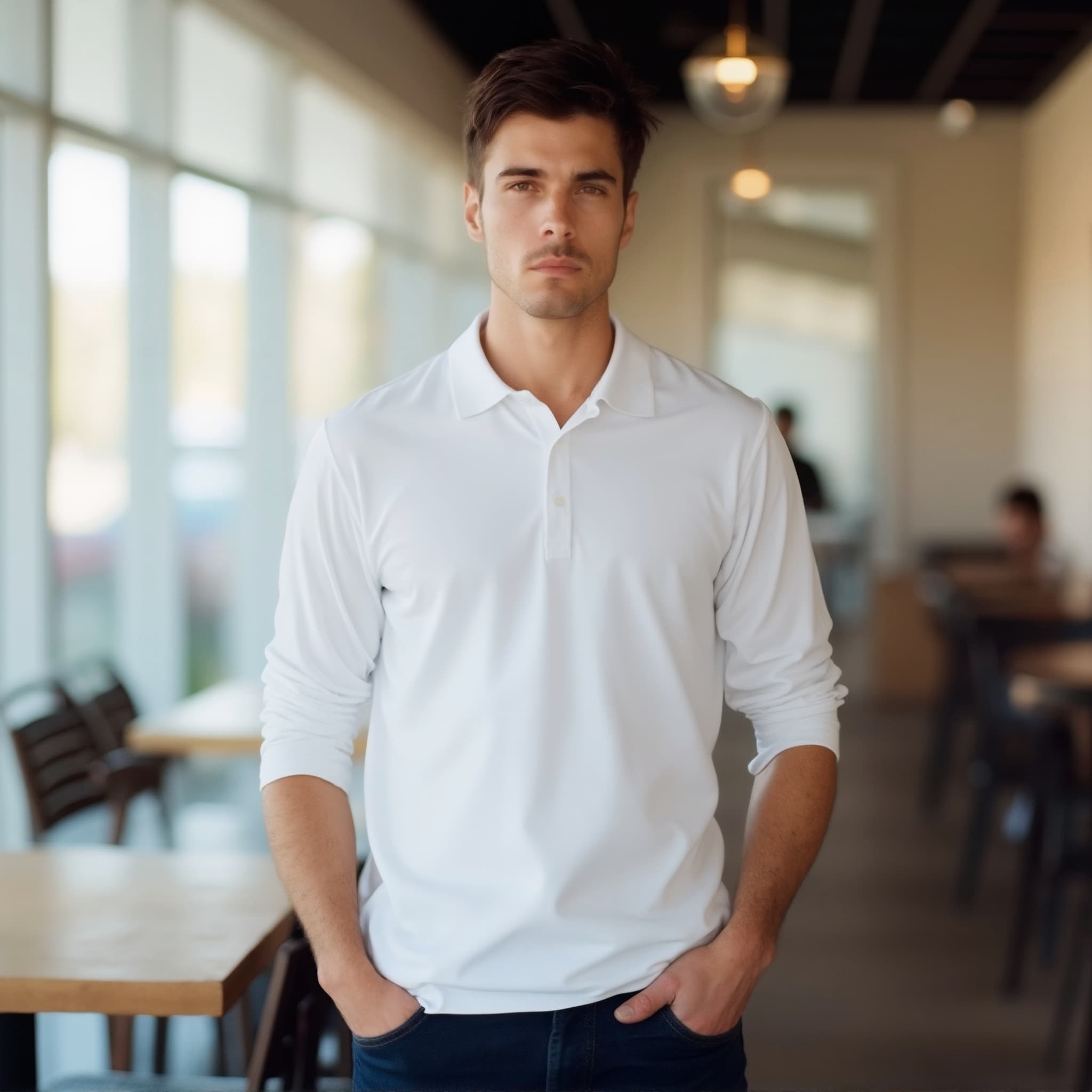 Long sleeve polo mockup a man stands with hands in pockets in a café 01