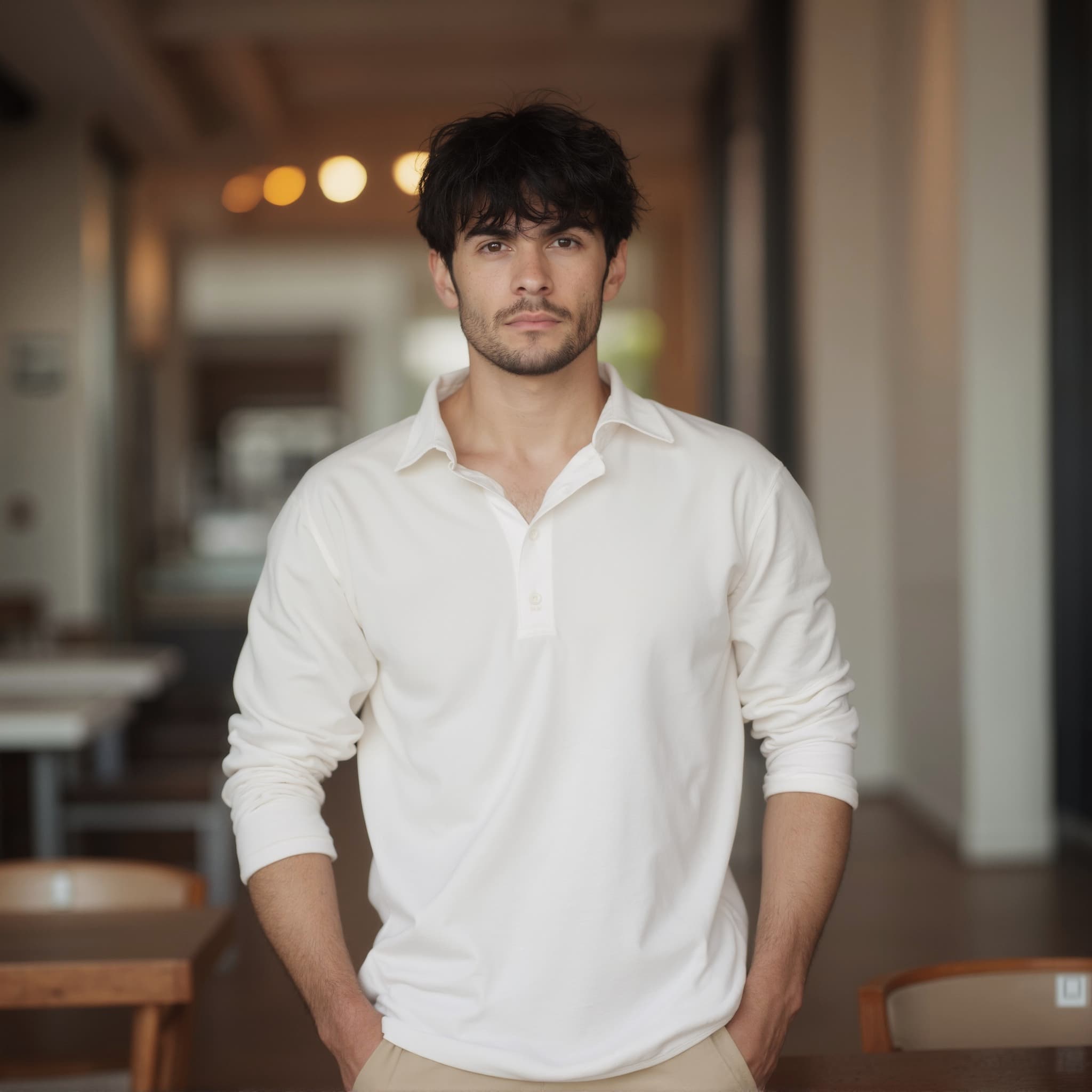 Long sleeve polo mockup a man stands with hands in pockets in a café