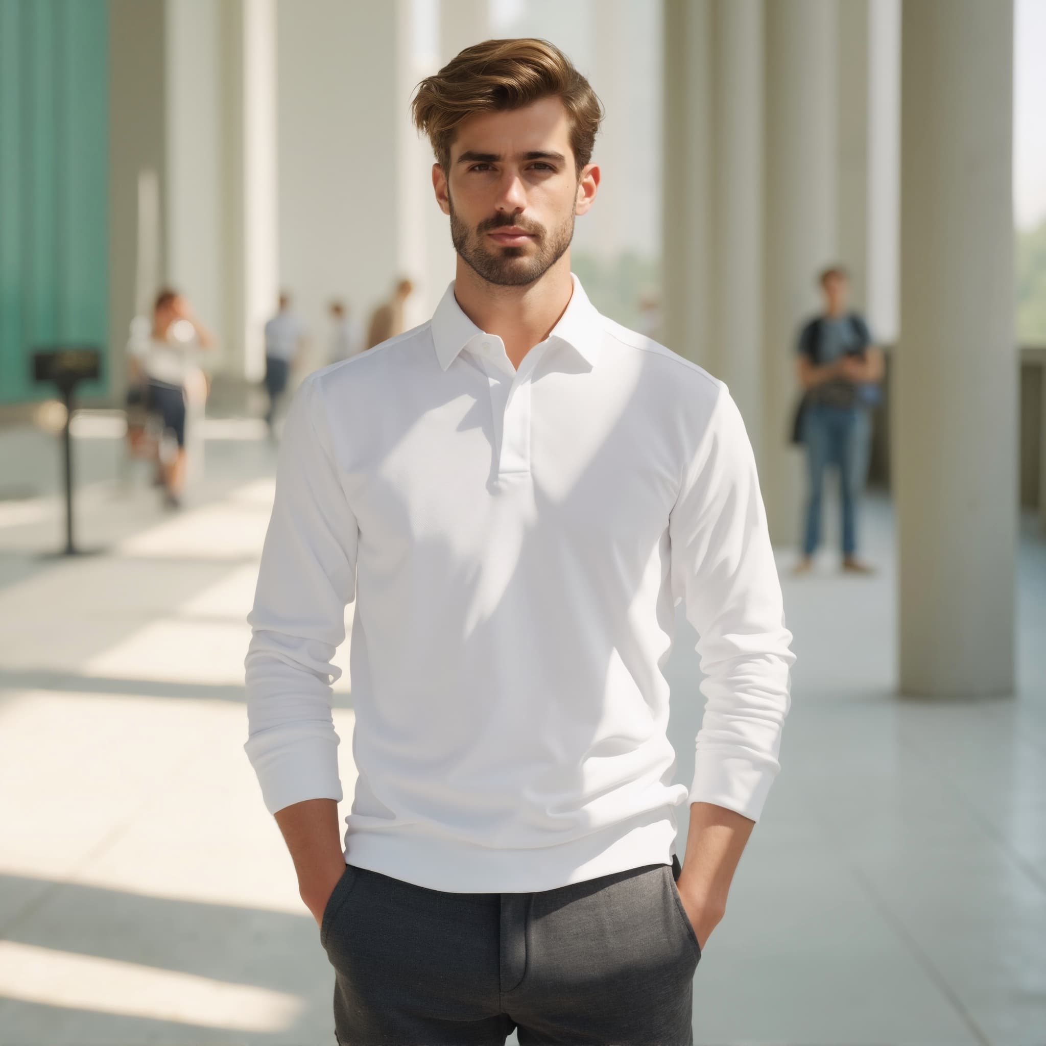 Long sleeve polo mockup a man stands with hands in pockets in a hallway