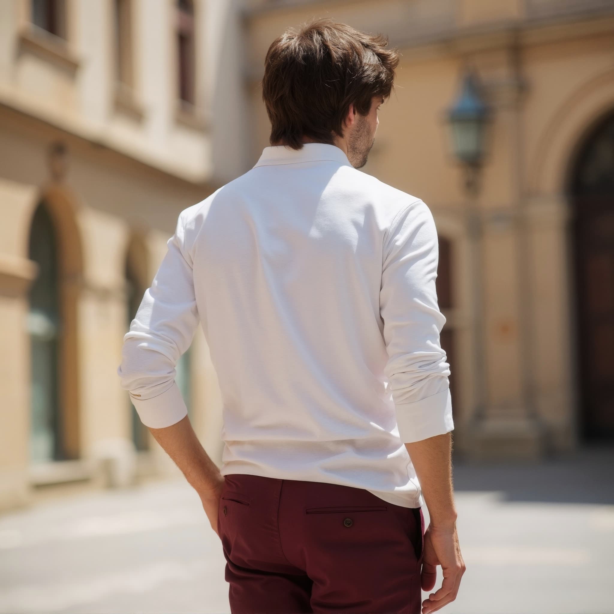 Back-View long sleeve polo mockup a man stands with arms crossed in a street