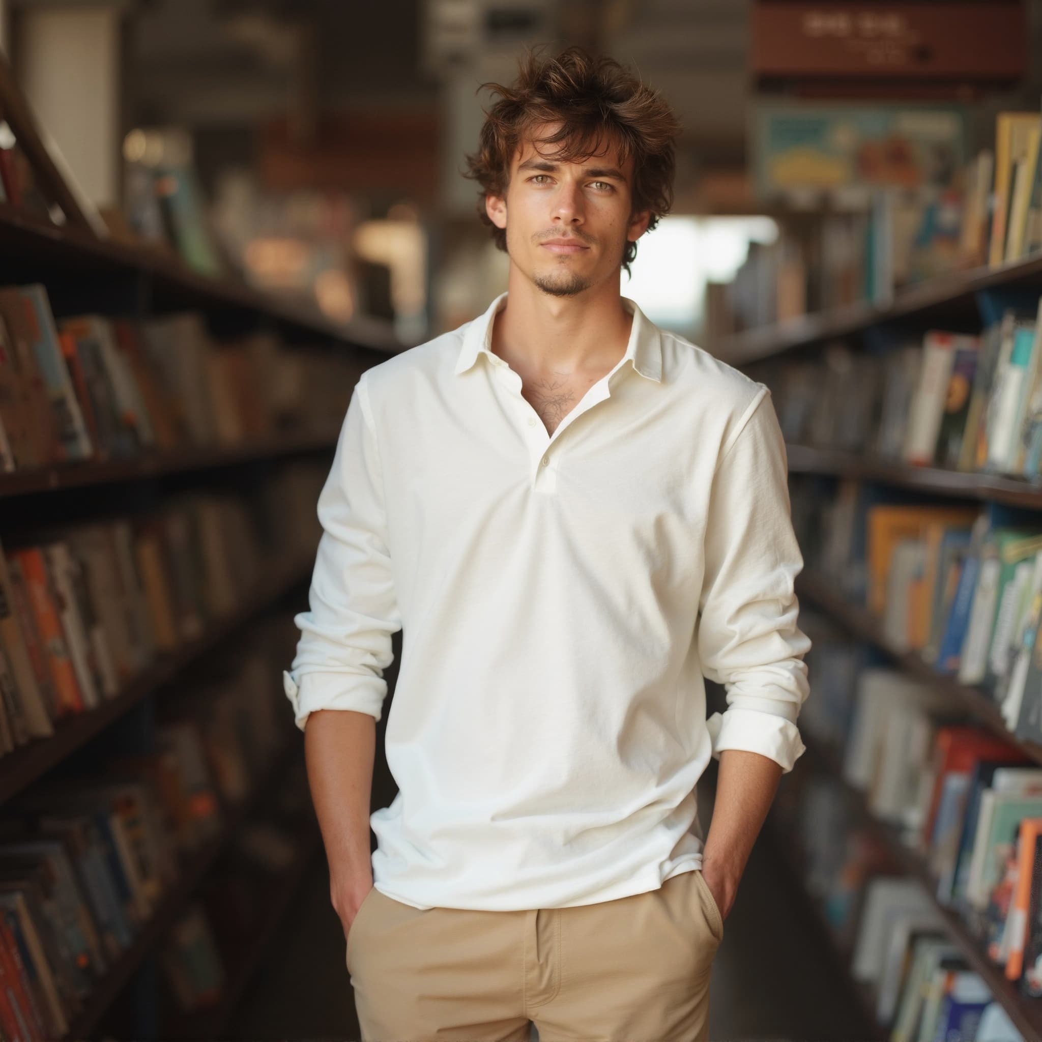 Long sleeve polo mockup a man stands with hands in pockets in a library