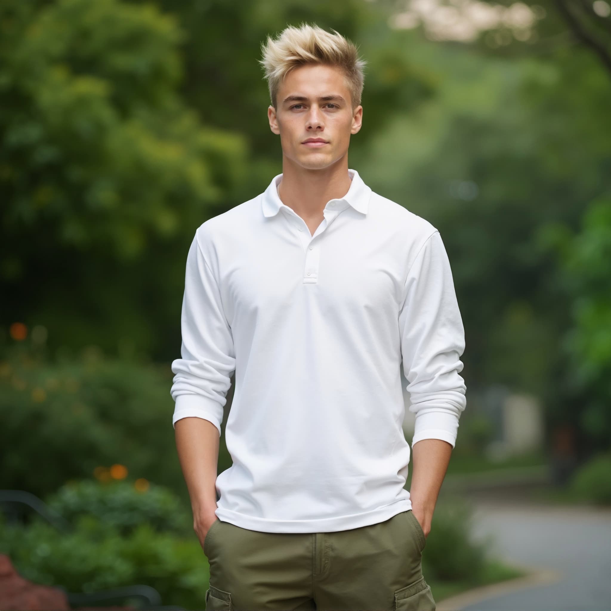 Long sleeve polo mockup a man stands with hands in pockets in a park
