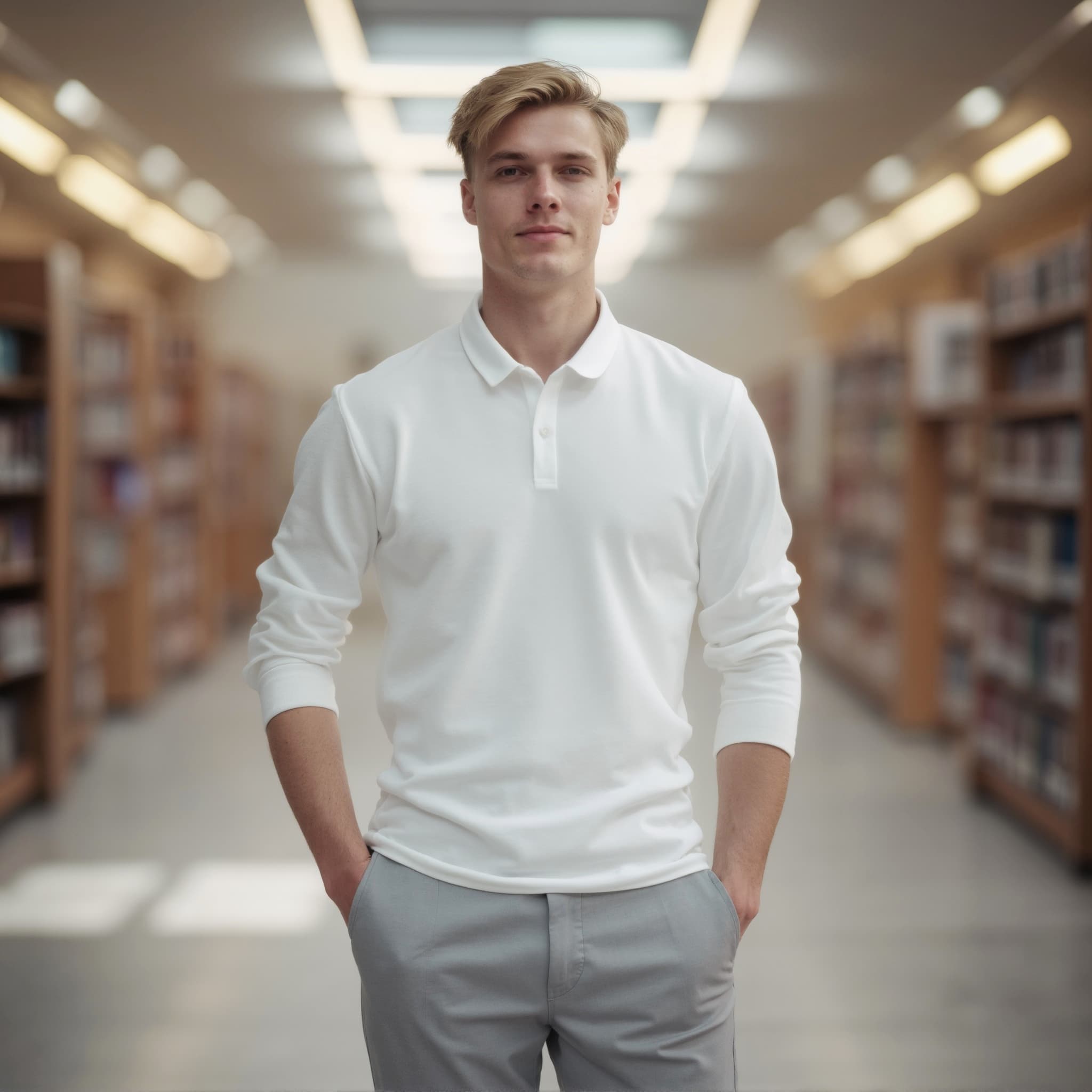 Long sleeve polo mockup a man stands with hands in pockets library scene