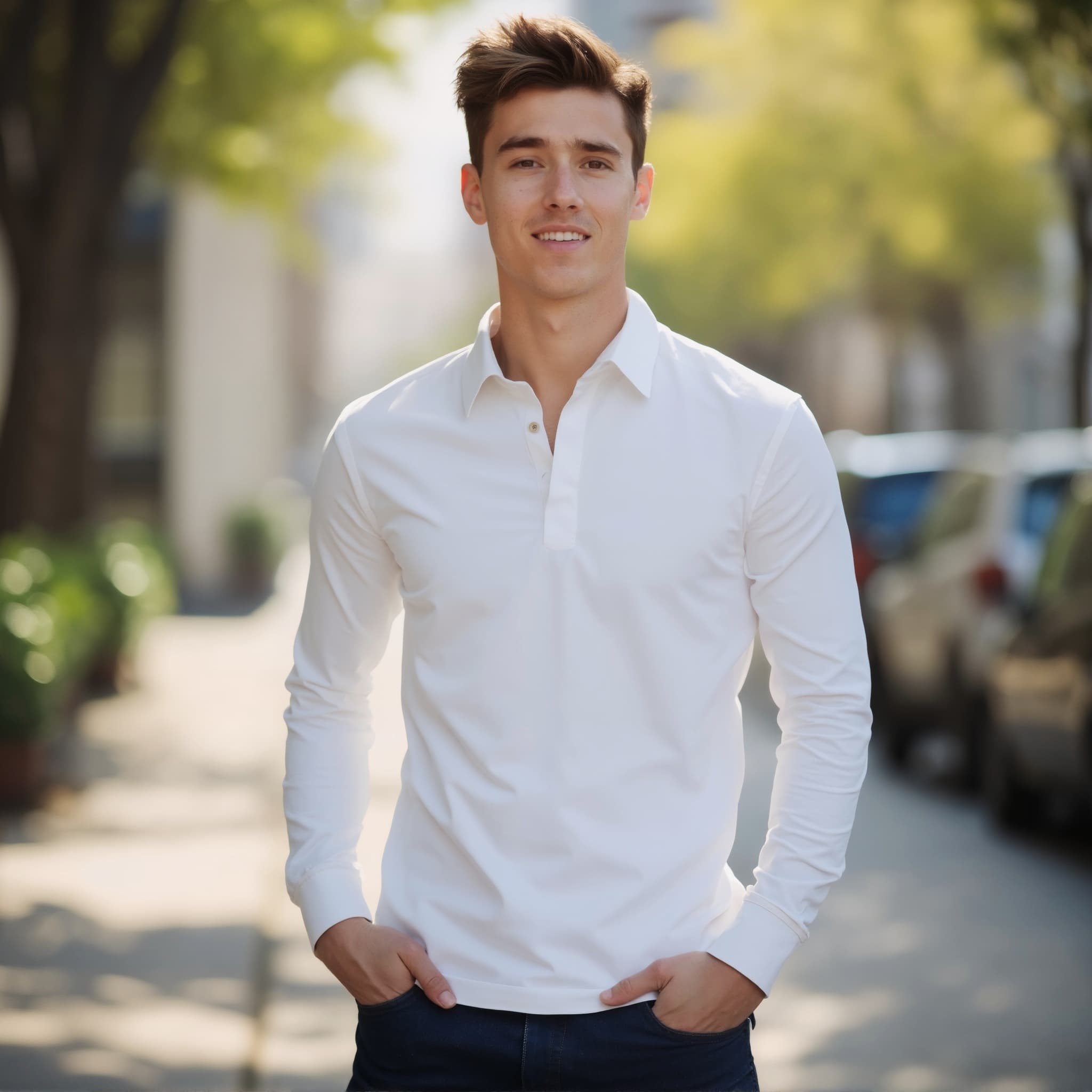 Long sleeve polo mockup a man stands with hands in pockets on a city street 01