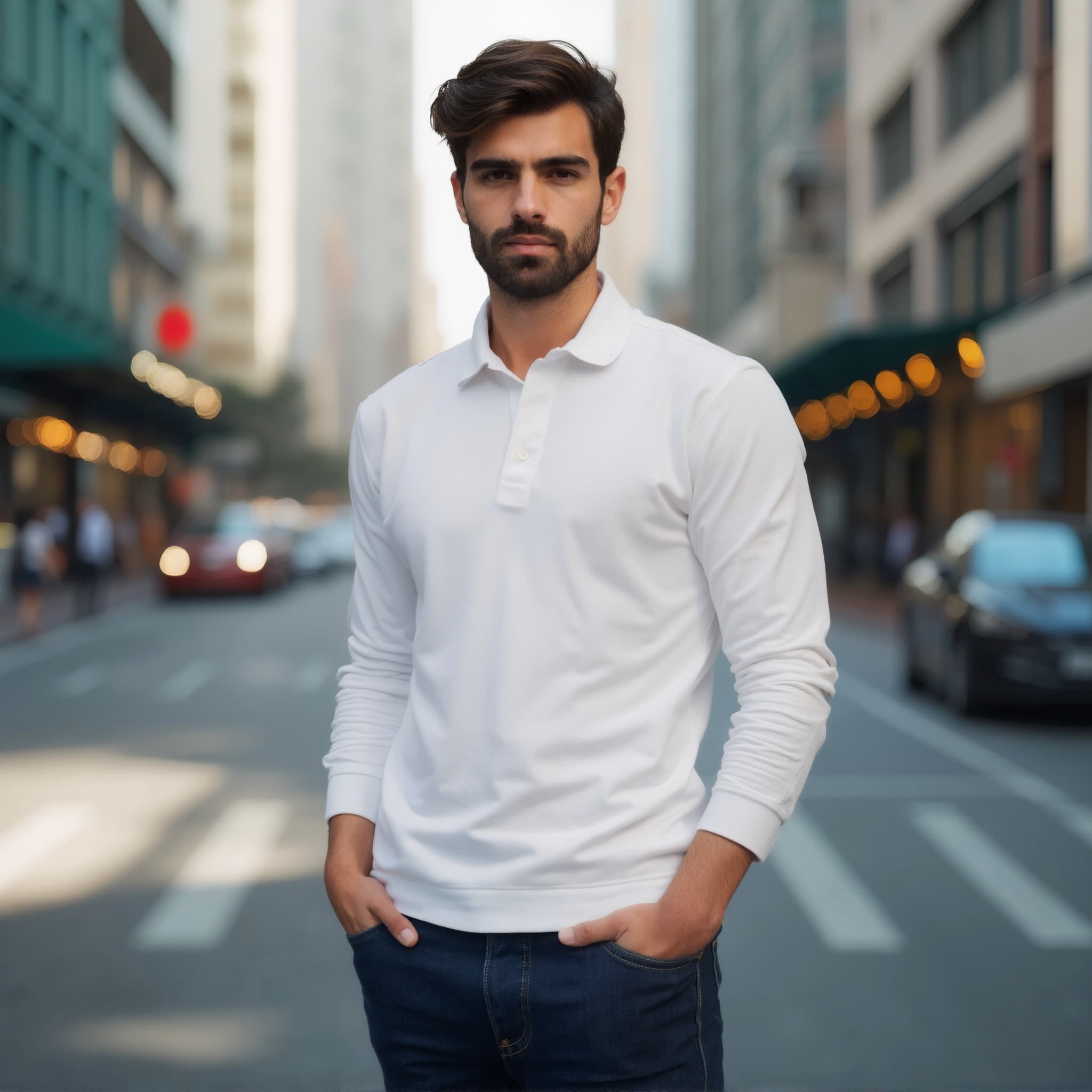 Long sleeve polo mockup a man stands with hands in pockets on a city street 02