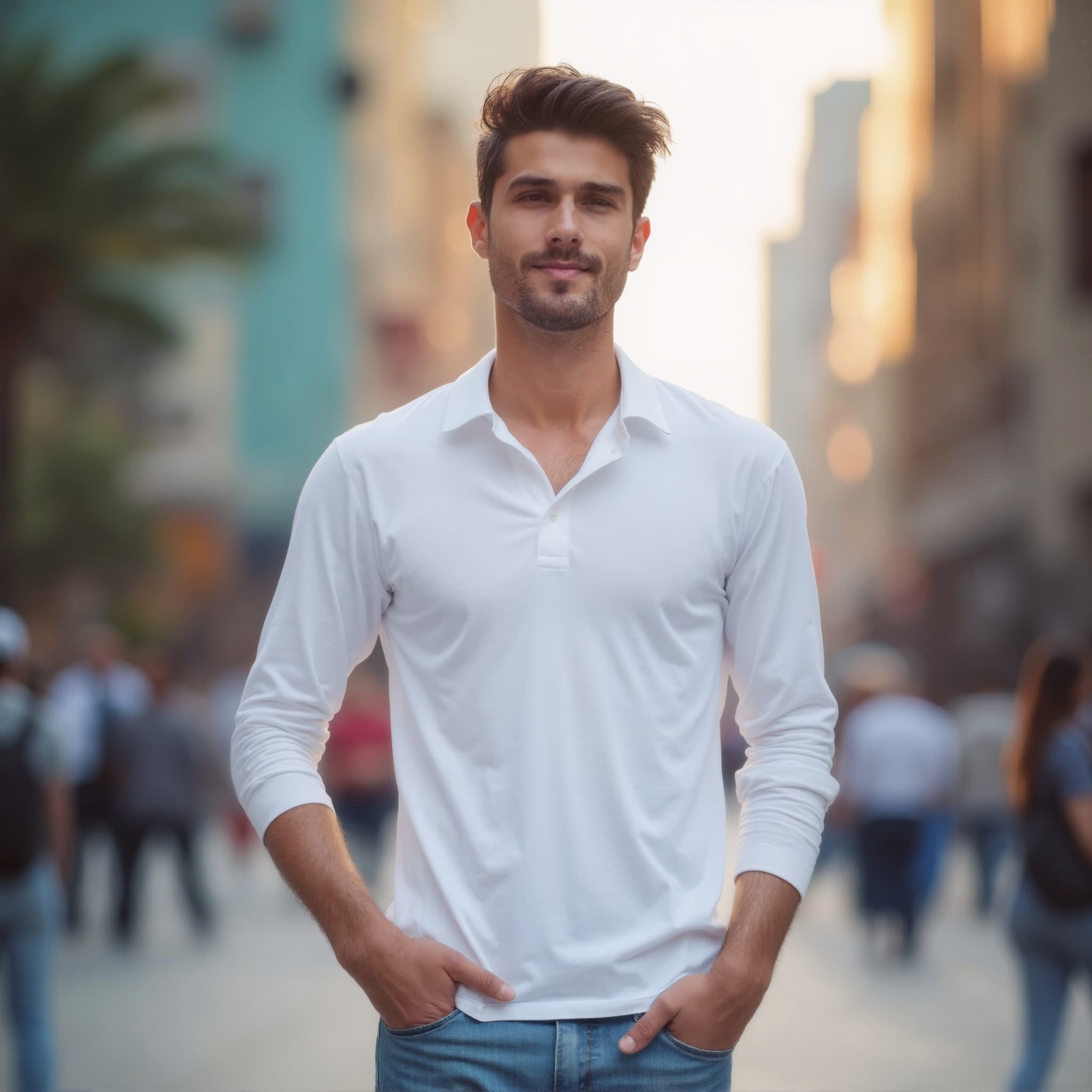 Long sleeve polo mockup a man stands with hands in pockets on a city street 03
