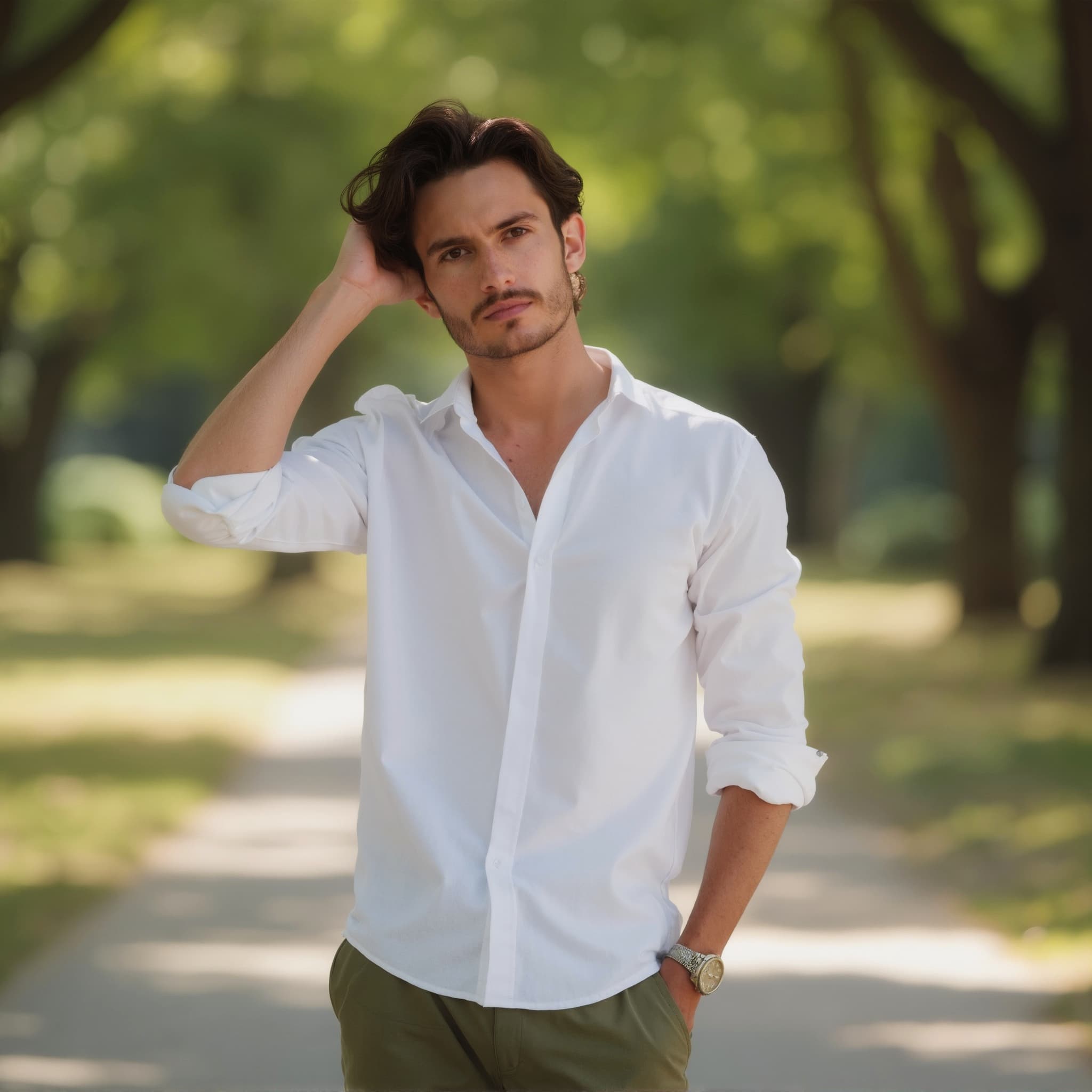 Long sleeve shirt mockup a man holds his head in thought in a par