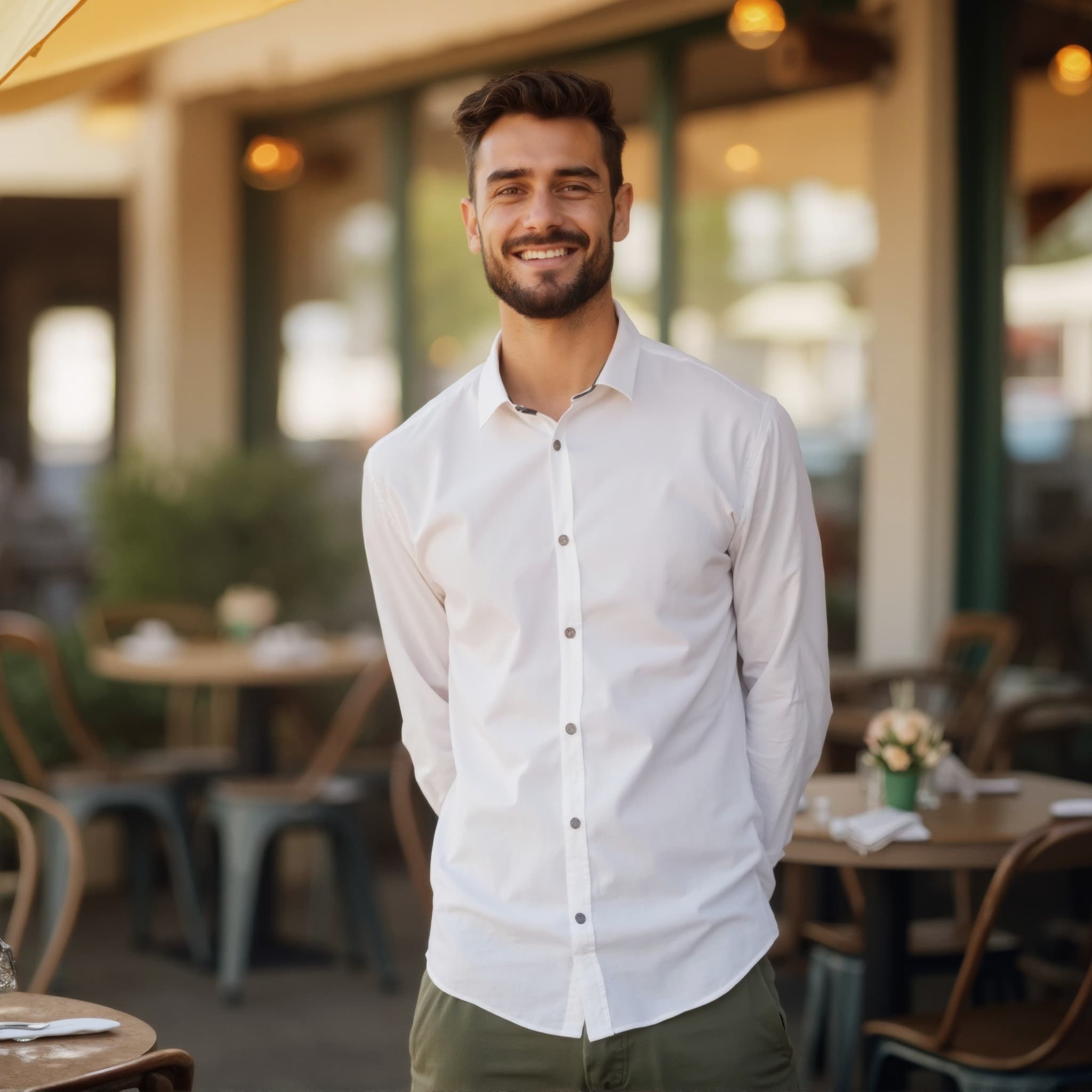 Long sleeve shirt mockup a man smiles with hands behind back at a café