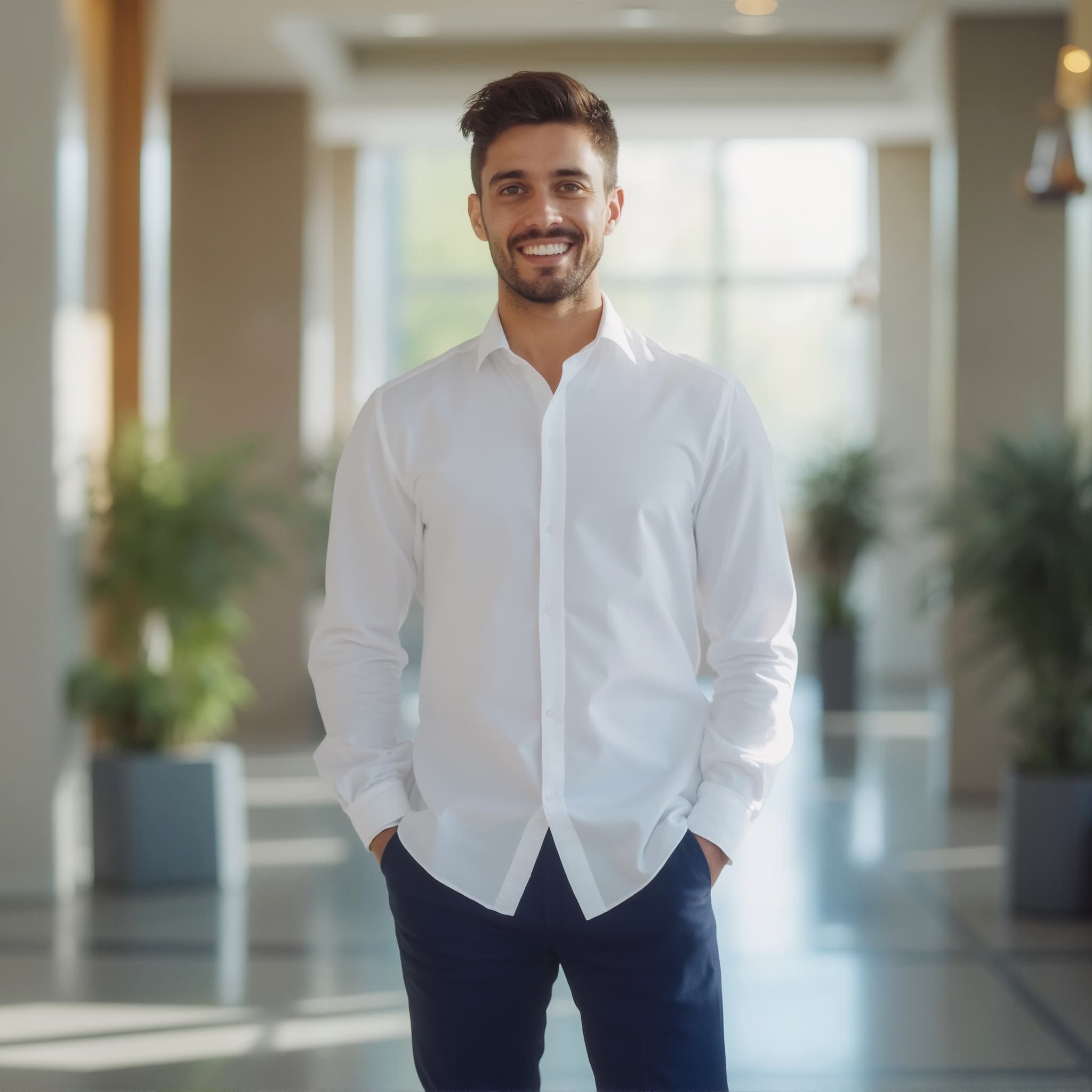 Long sleeve shirt mockup a man smiles with hands in pockets in a hallway