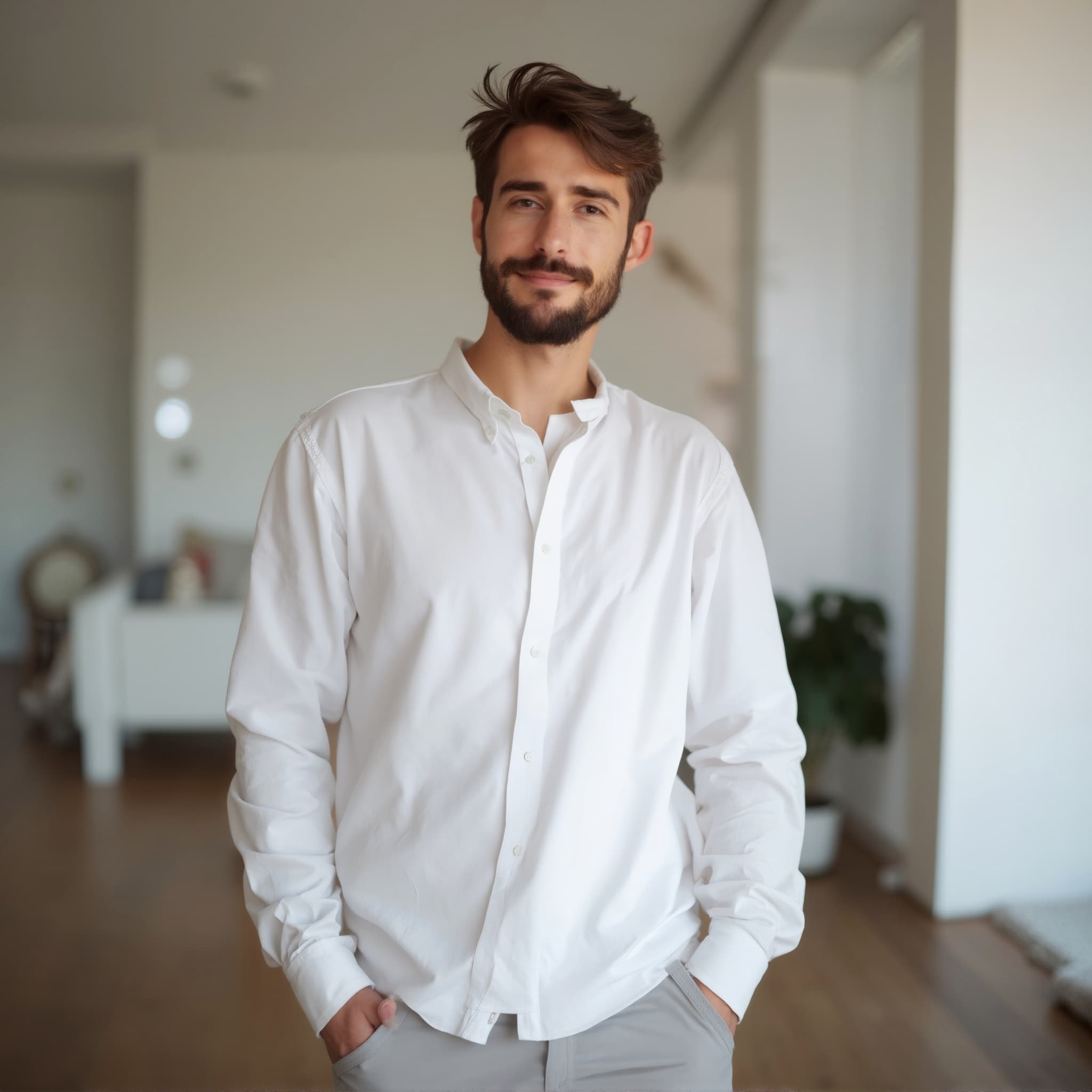 Long sleeve shirt mockup a man smiles with hands in pockets living room